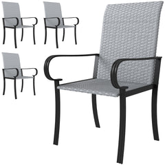 Outsunny Set of 4 Outdoor Wicker Dining Chairs with Armrest, Steel Frame, High Back and Deep Seating, Gray