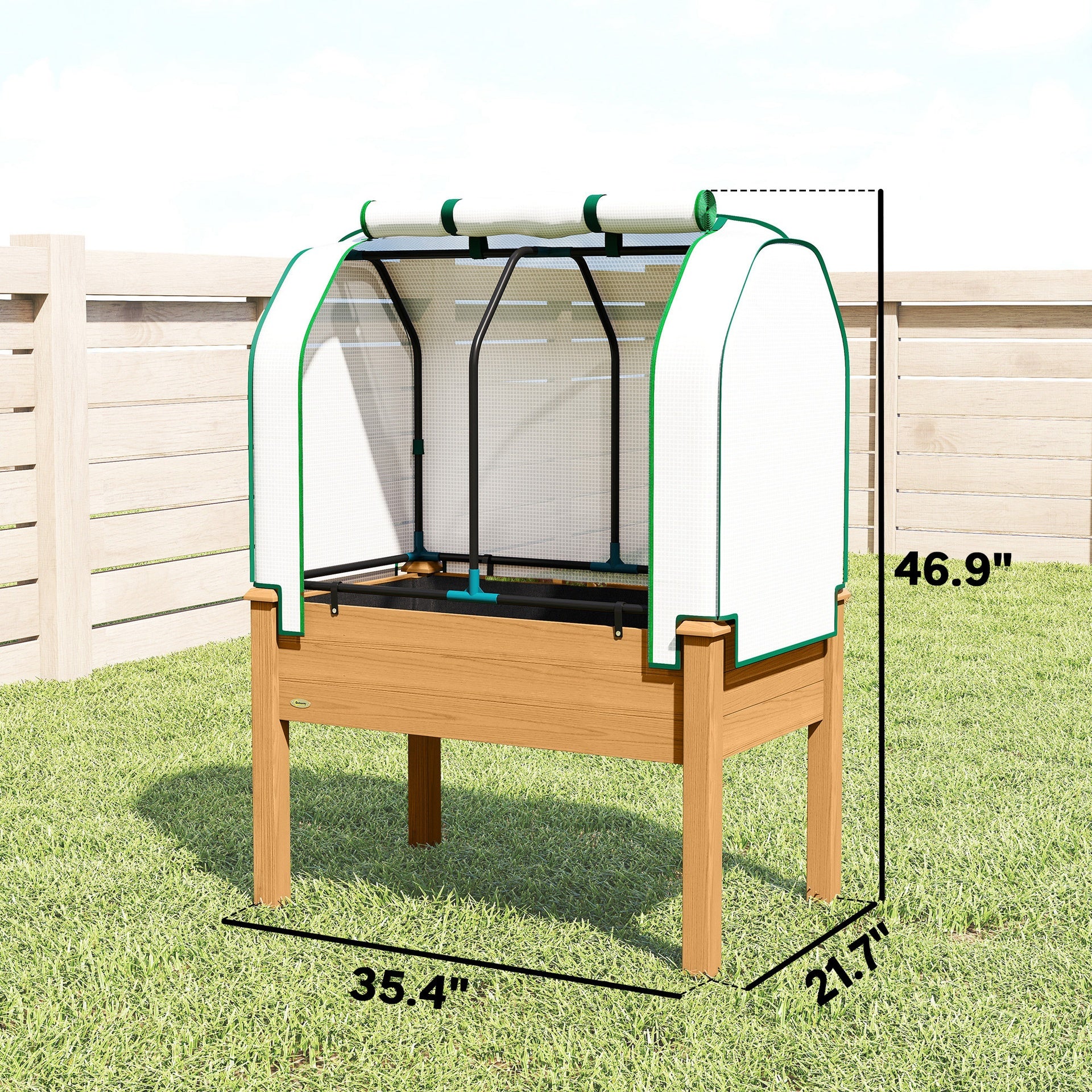 Outsunny Raised Garden Bed with PE Greenhouse Cover Outdoor Planter Box for Herbs and Vegetables, 35 x 22 x 47 inch, Sand