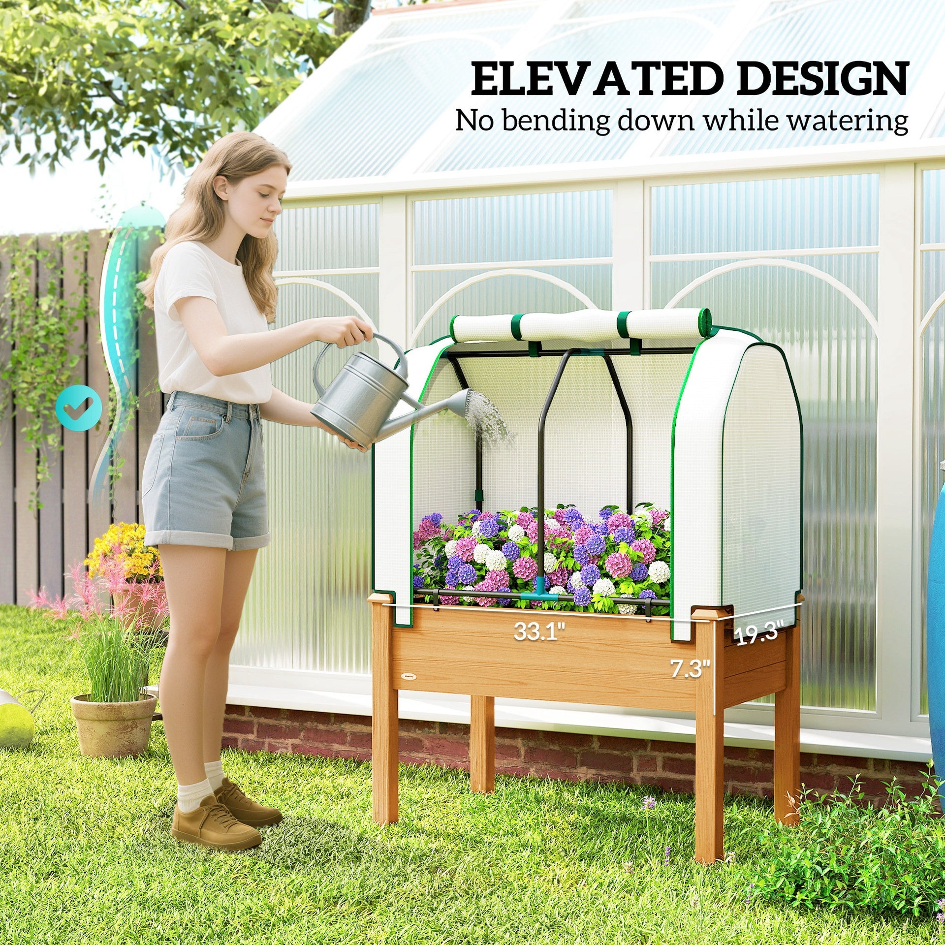 Outsunny Raised Garden Bed with PE Greenhouse Cover Outdoor Planter Box for Herbs and Vegetables, 35 x 22 x 47 inch, Sand