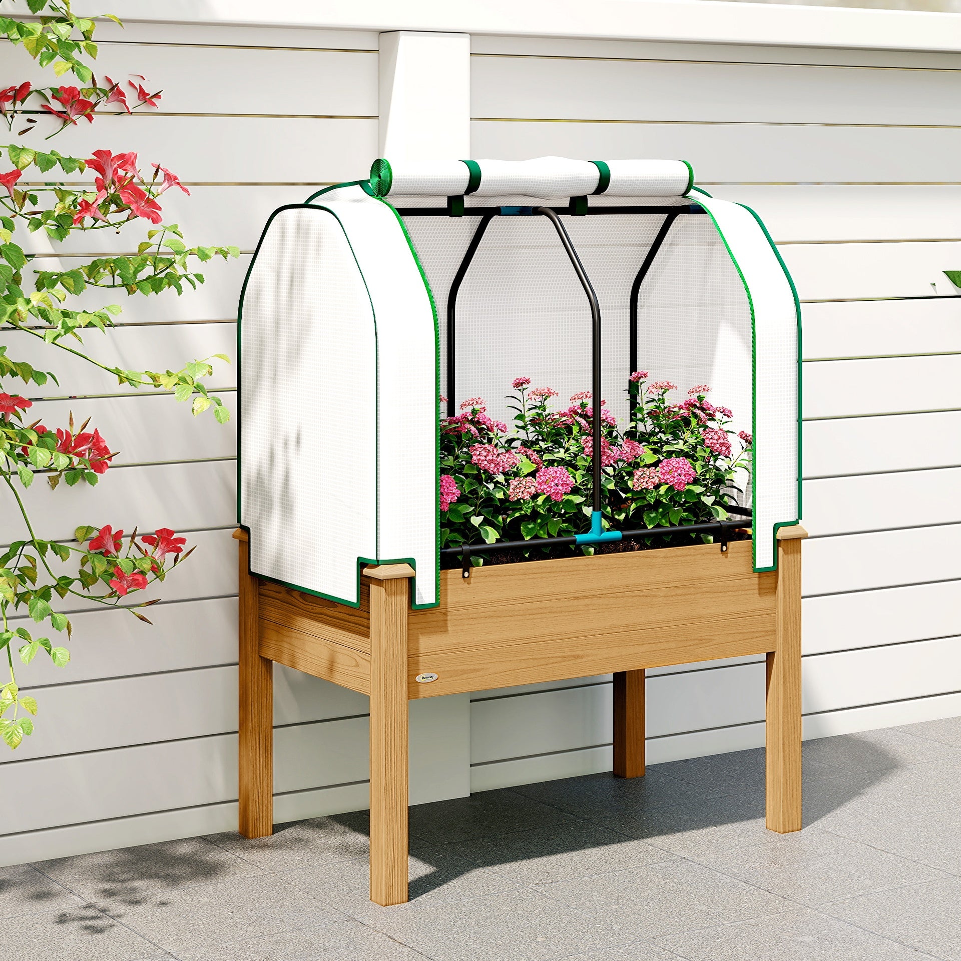 Outsunny Raised Garden Bed with PE Greenhouse Cover Outdoor Planter Box for Herbs and Vegetables, 35 x 22 x 47 inch, Sand