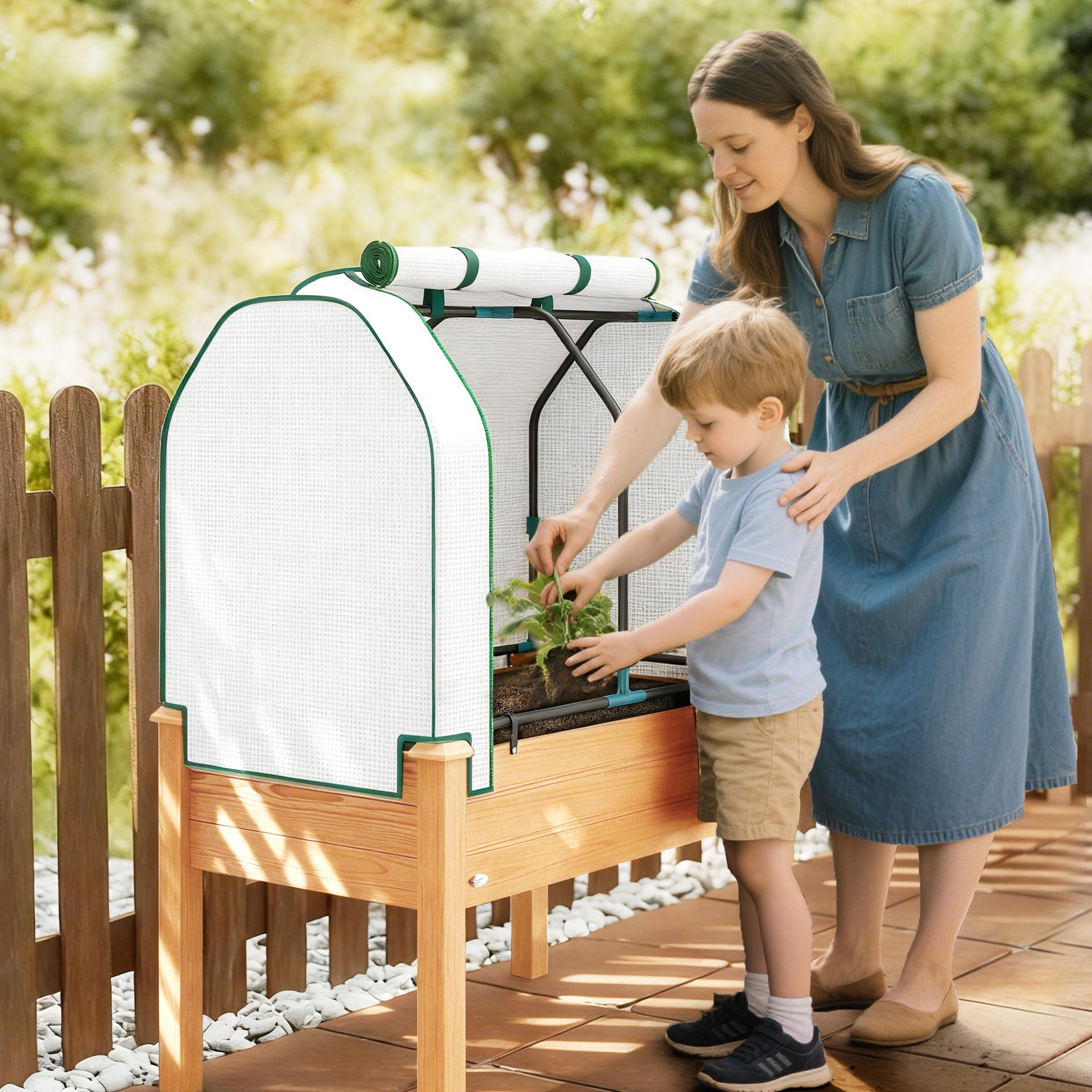 Outsunny Raised Garden Bed with PE Greenhouse Cover Outdoor Planter Box for Herbs and Vegetables, 35 x 22 x 47 inch, Sand