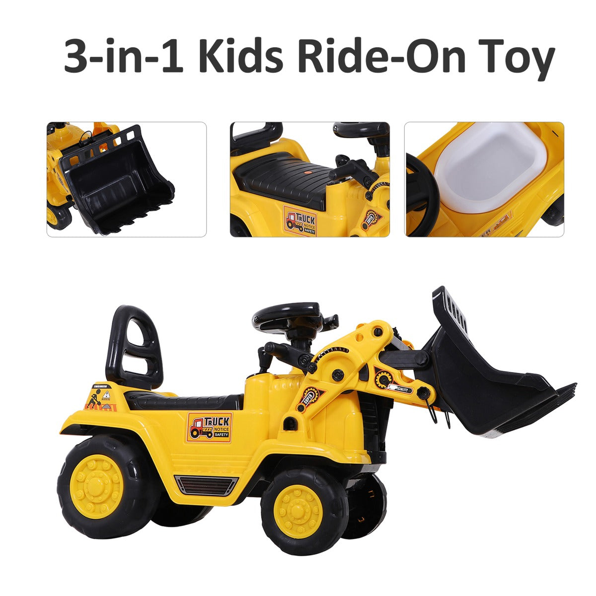HOMCOM 3 in 1 Ride On Toy Bulldozer Digger Tractor Pulling Cart Pretend Play Construction Truck