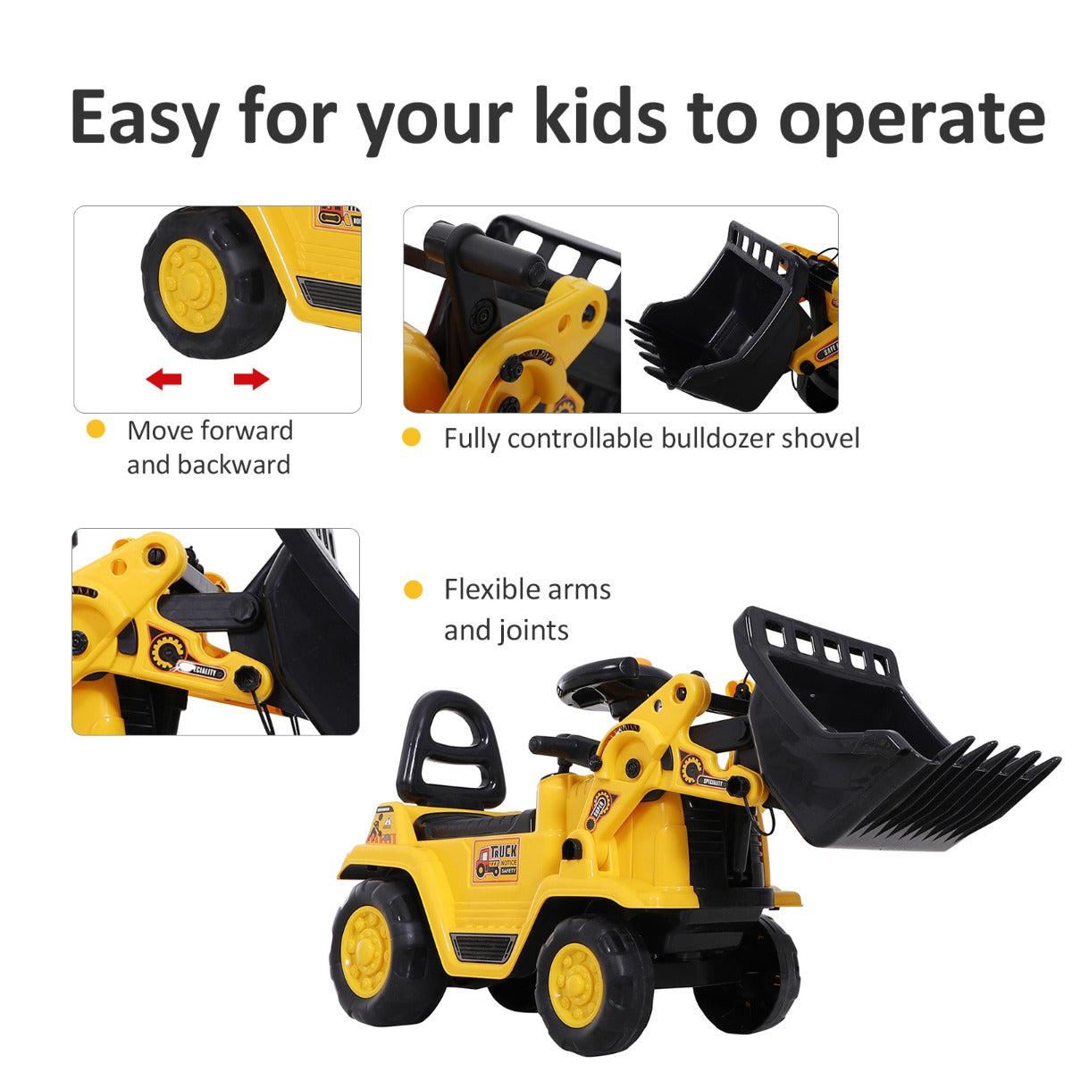 HOMCOM 3 in 1 Ride On Toy Bulldozer Digger Tractor Pulling Cart Pretend Play Construction Truck