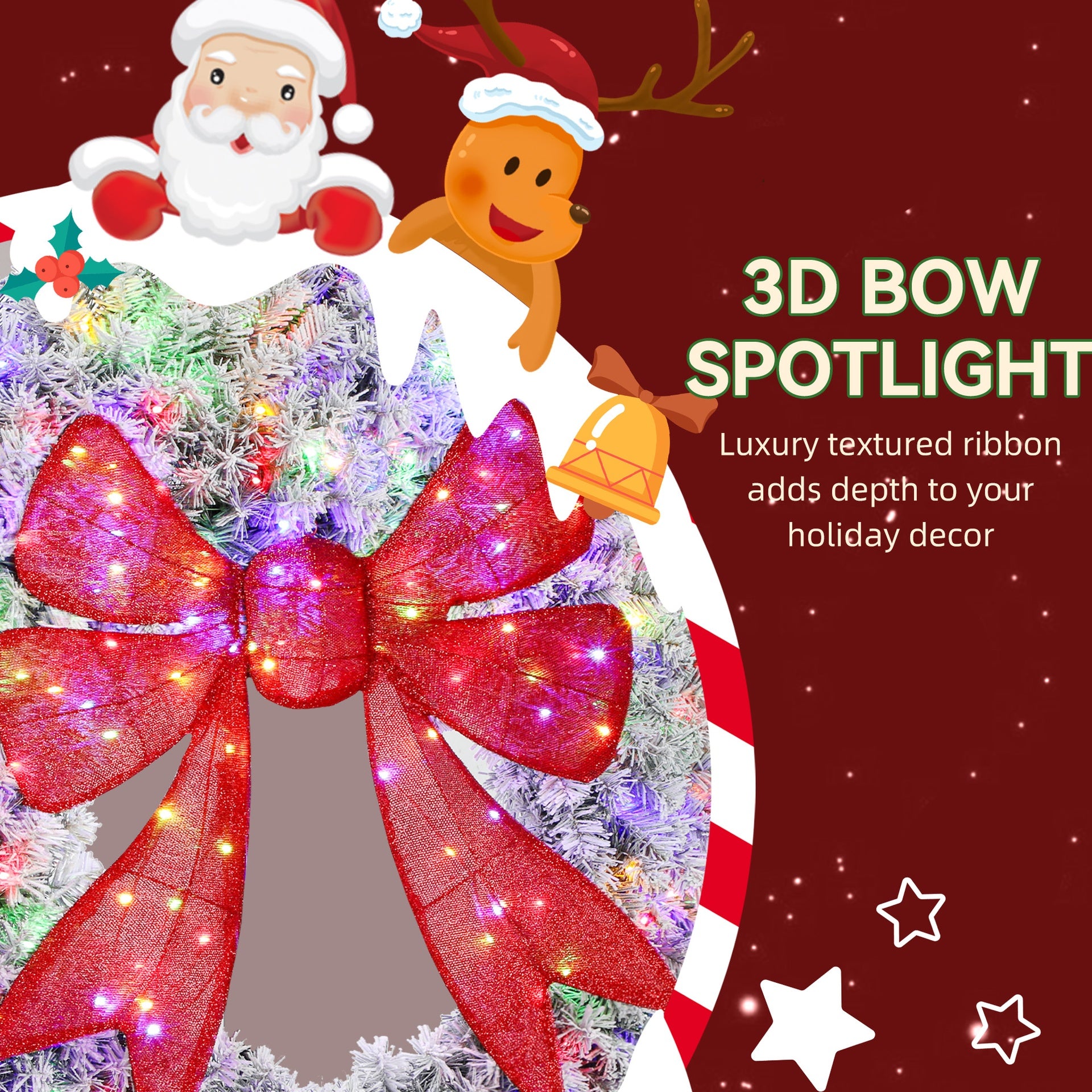 HOMCOM 60in Flocked Pre-Lit Christmas Wreath with 3D Red Bow, 11 Lighting Modes, Front Door Christmas Wreath with Remote