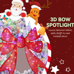 HOMCOM 60in Flocked Pre-Lit Christmas Wreath with 3D Red Bow, 11 Lighting Modes, Front Door Christmas Wreath with Remote