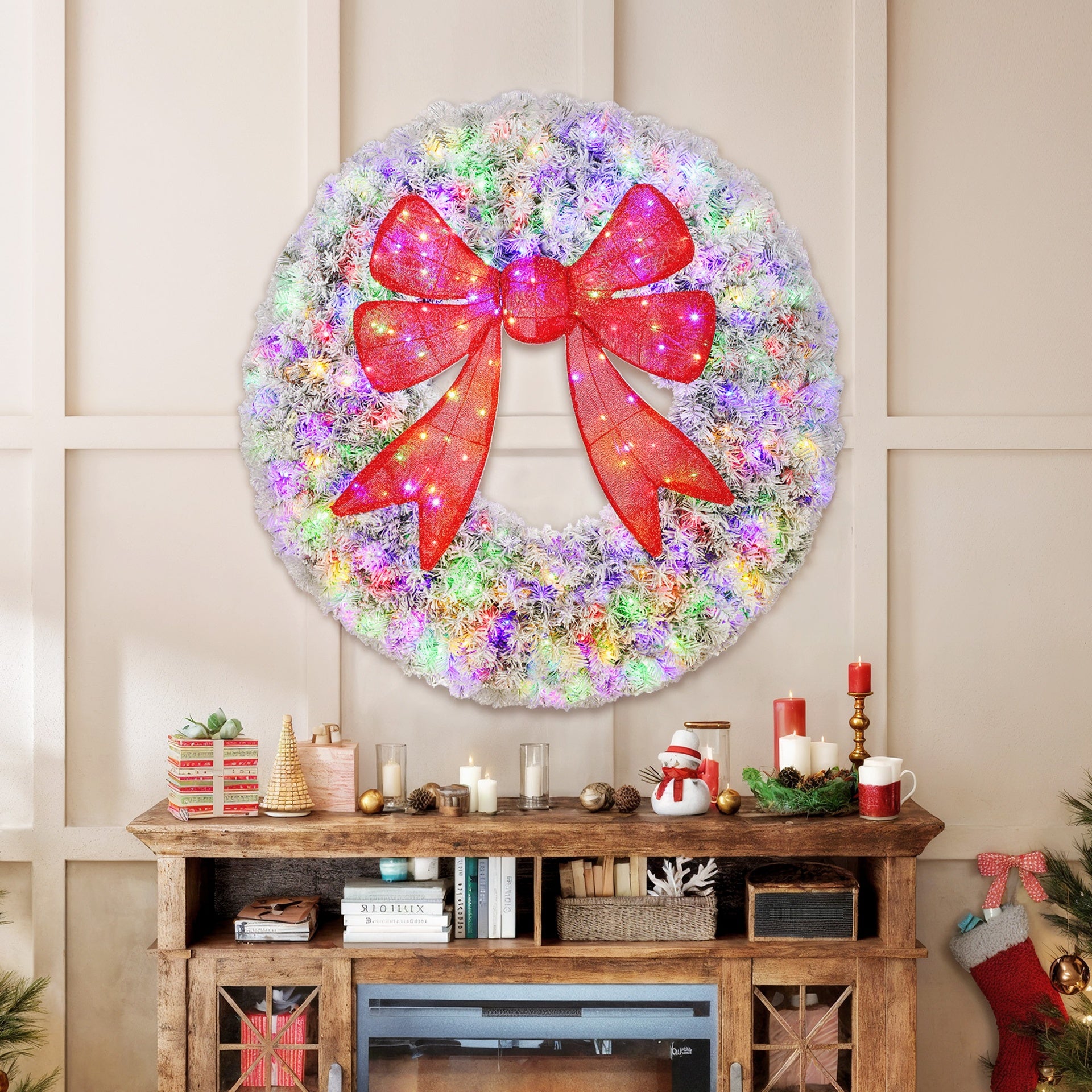 HOMCOM 60in Flocked Pre-Lit Christmas Wreath with 3D Red Bow, 11 Lighting Modes, Front Door Christmas Wreath with Remote