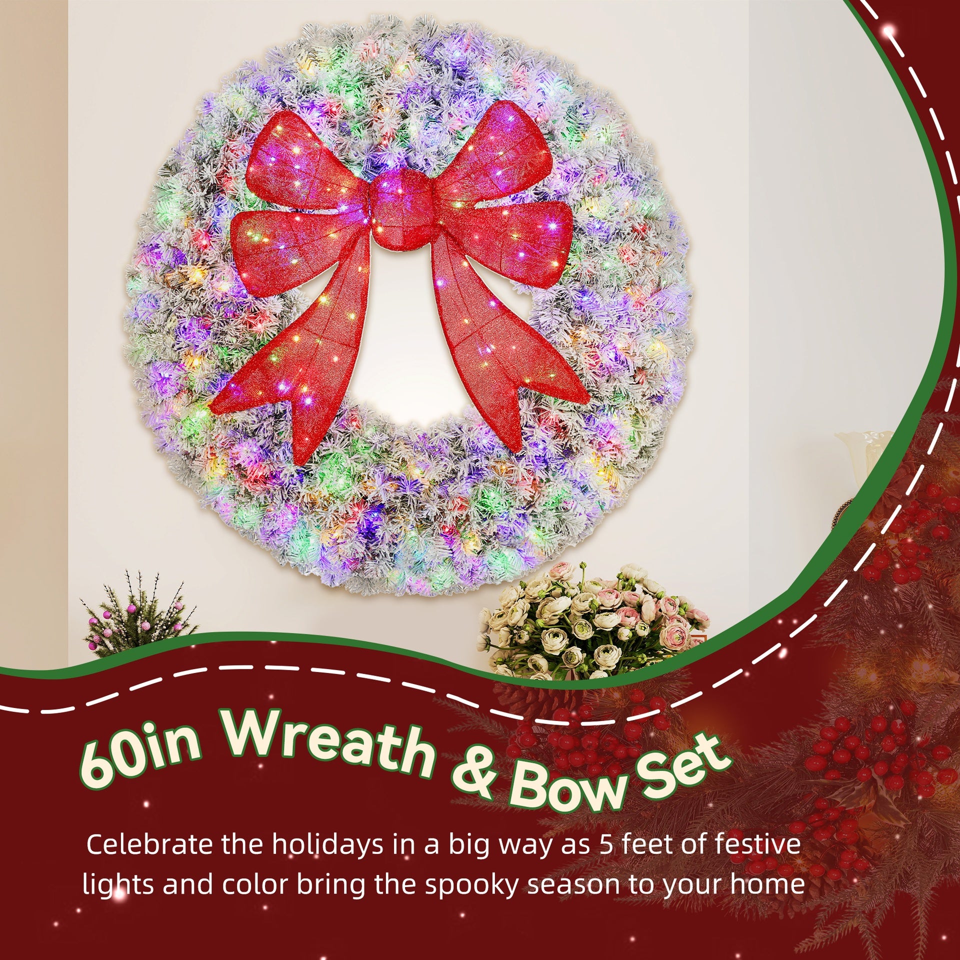 HOMCOM 60in Flocked Pre-Lit Christmas Wreath with 3D Red Bow, 11 Lighting Modes, Front Door Christmas Wreath with Remote