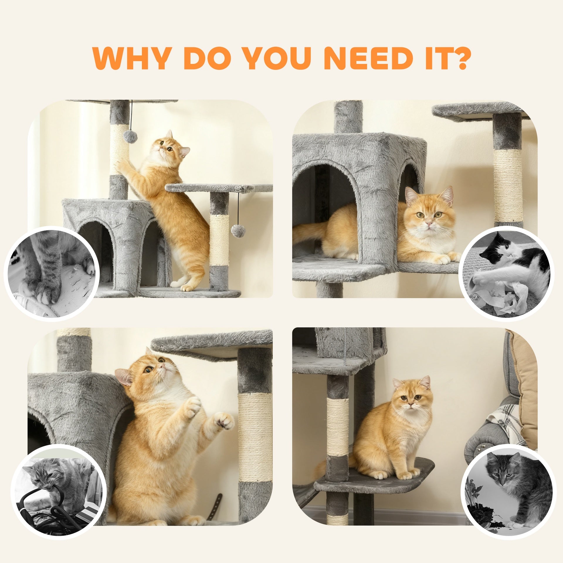PawHut Multi-Level Cat Tower, 80" Tall Cat Tree, with 2 Condos, 2 Hammocks, 6 Sisal Scratching Posts, Dark Gray