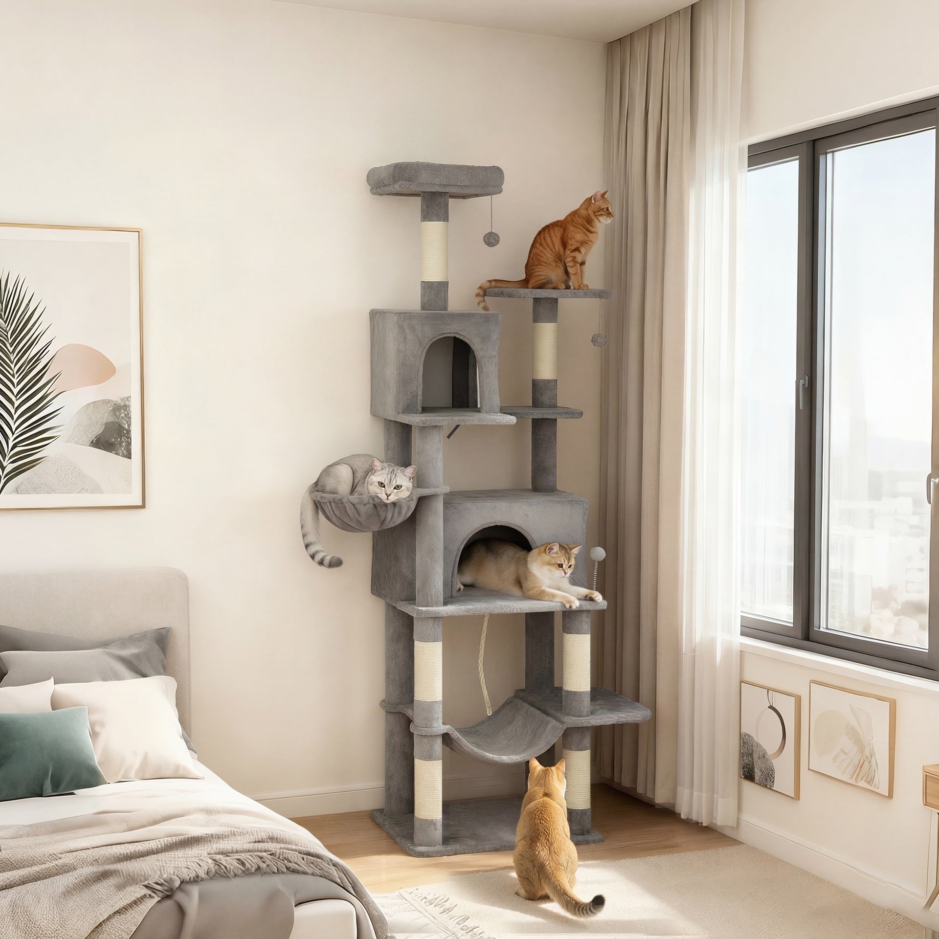 PawHut Multi-Level Cat Tower, 80" Tall Cat Tree, with 2 Condos, 2 Hammocks, 6 Sisal Scratching Posts, Dark Gray