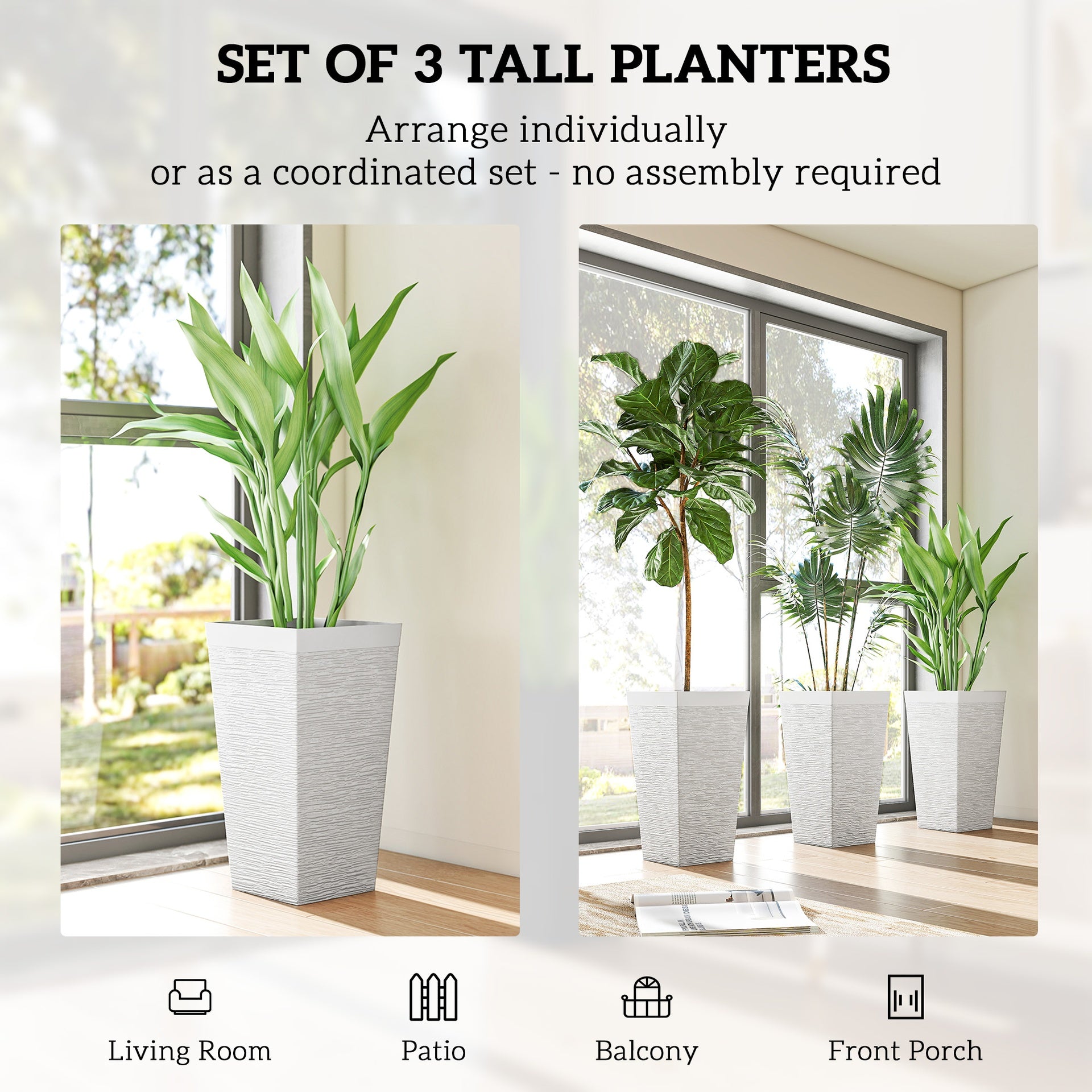 Outsunny 22.8 Inch Set of 3 Outdoor Planters with Stone Finish and Wheels, Stackable Tapered Planters with Drainage Hole, White