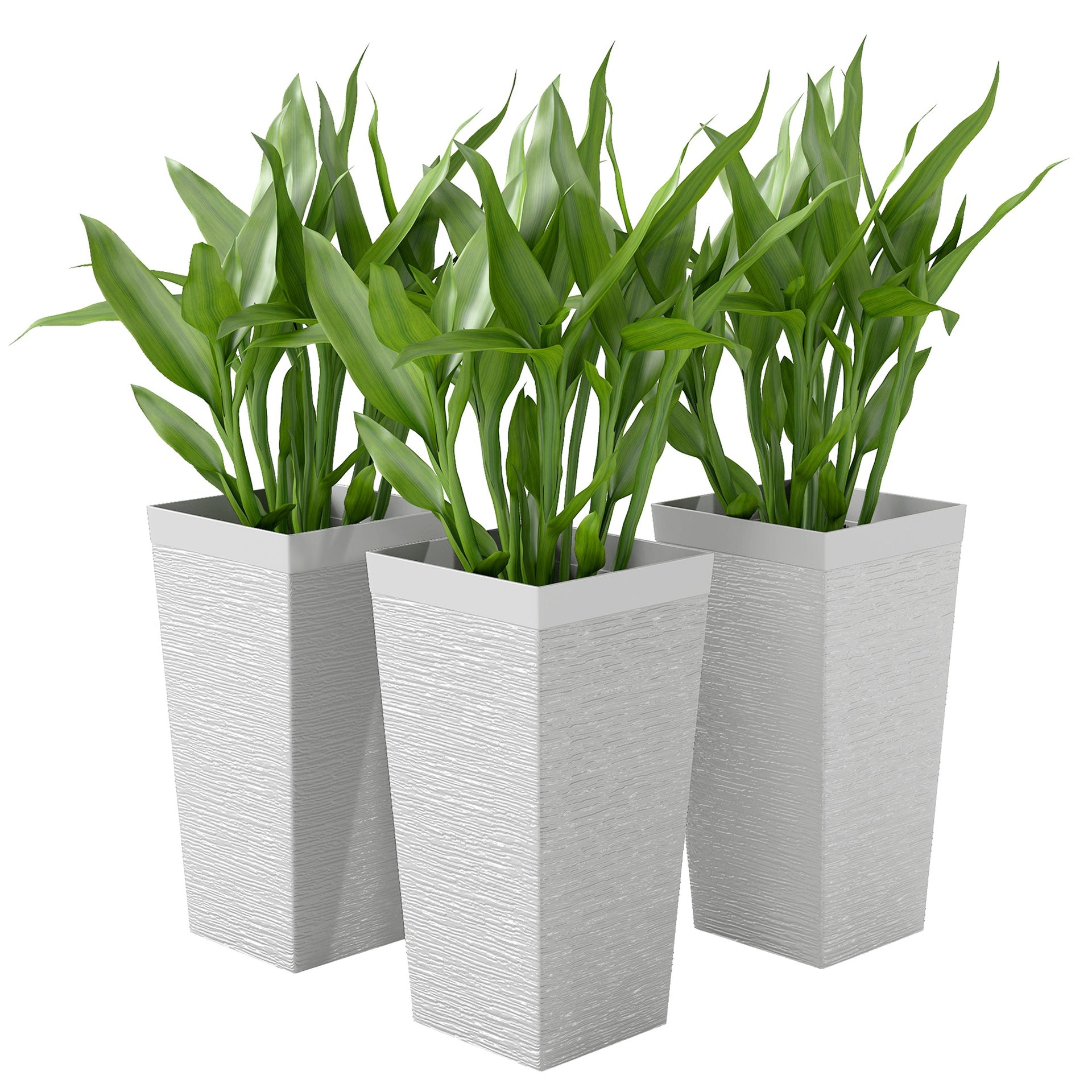 Outsunny 22.8 Inch Set of 3 Outdoor Planters with Stone Finish and Wheels, Stackable Tapered Planters with Drainage Hole, White