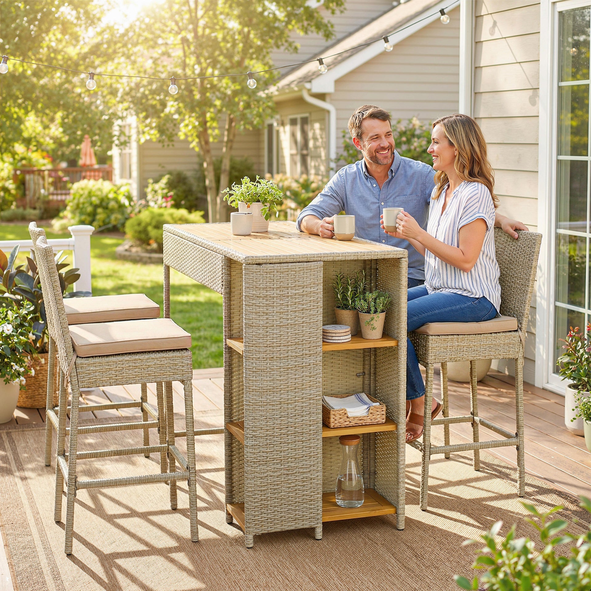 Outsunny 5 Piece Wicker Outdoor Bar Set, Acacia Wood Outdoor High Top Table and Chairs with 3 Tier Shelves, Cushions, Brown