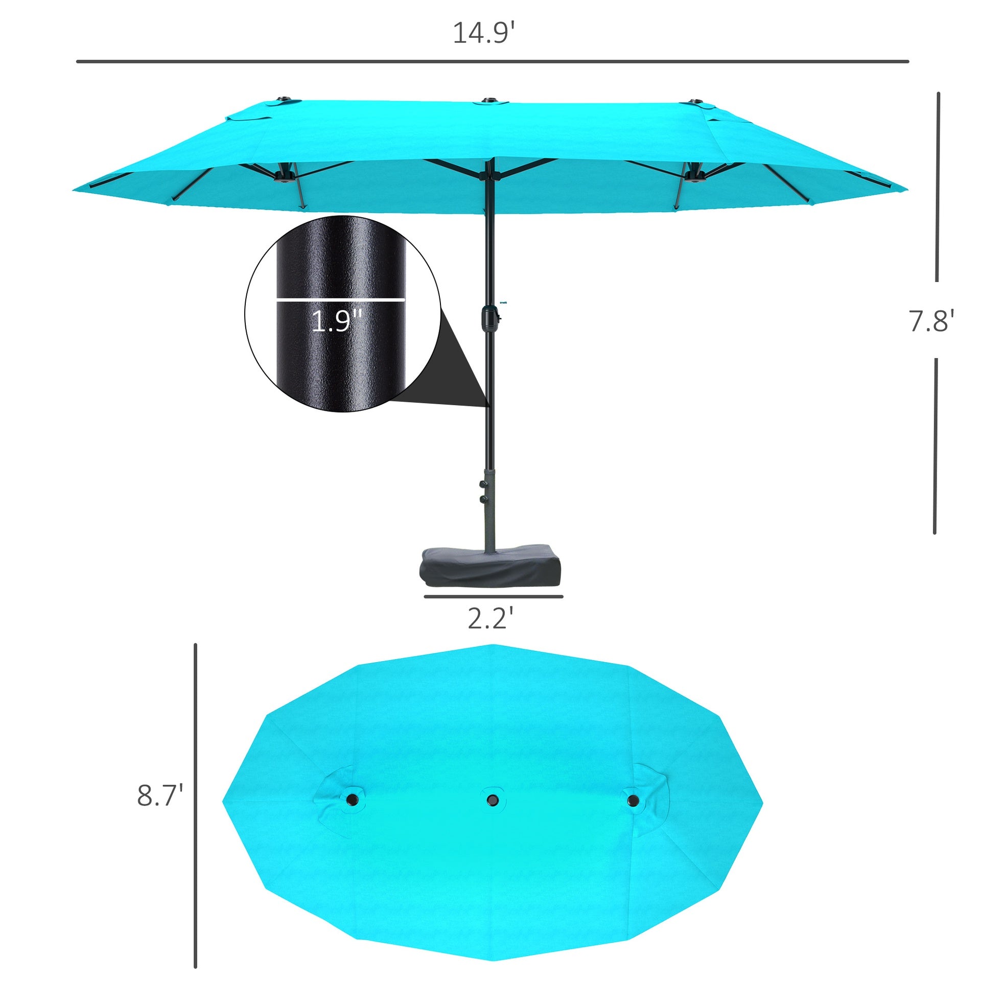 Outsunny Patio Umbrella, 15' Steel Rectangular Outdoor Double Sided Market Umbrella with Base, Sun Protection & Easy Crank, Blue