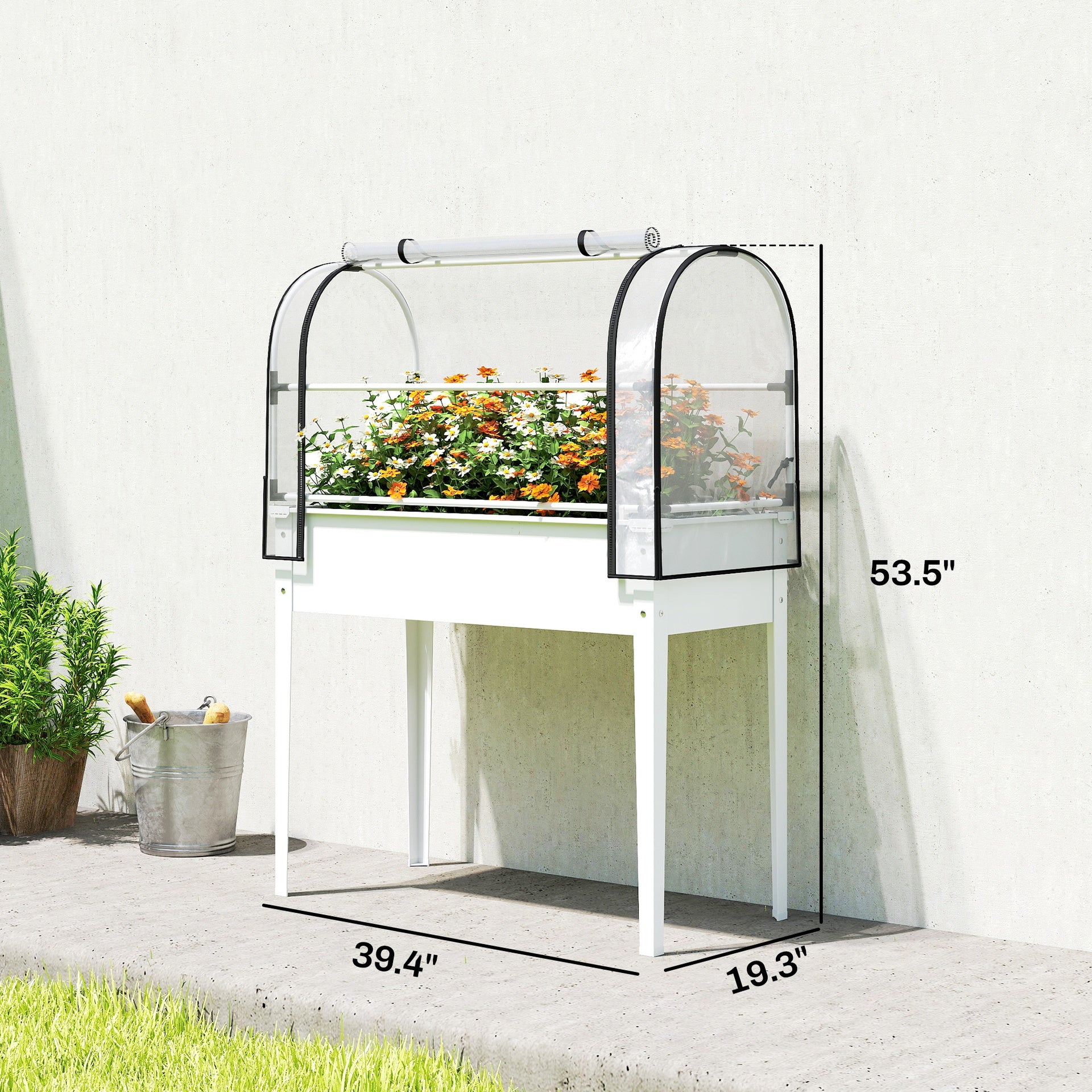 Outsunny Raised Garden Bed with Flip-Up Greenhouse Cover, Metal Elevated Garden Bed with Legs and Drainage Hole, White