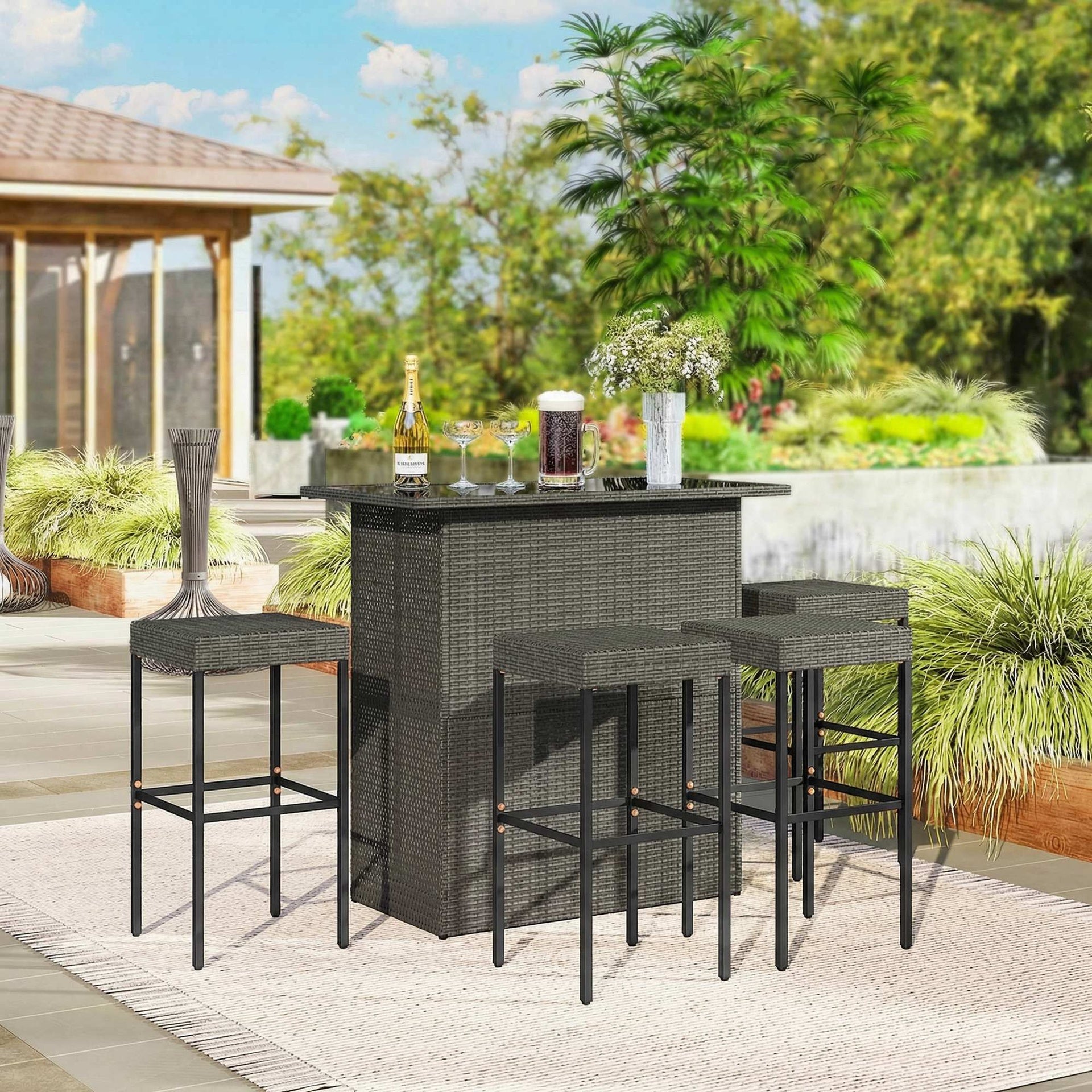 Outsunny 5 Piece Rattan Wicker Bar Set, High Top Outdoor Table and Chairs, Bar Height Patio Set, 2 Shelves & 4 Bar Stools, Gray