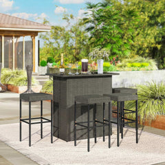 Outsunny 5 Piece Rattan Wicker Bar Set, High Top Outdoor Table and Chairs, Bar Height Patio Set, 2 Shelves & 4 Bar Stools, Gray