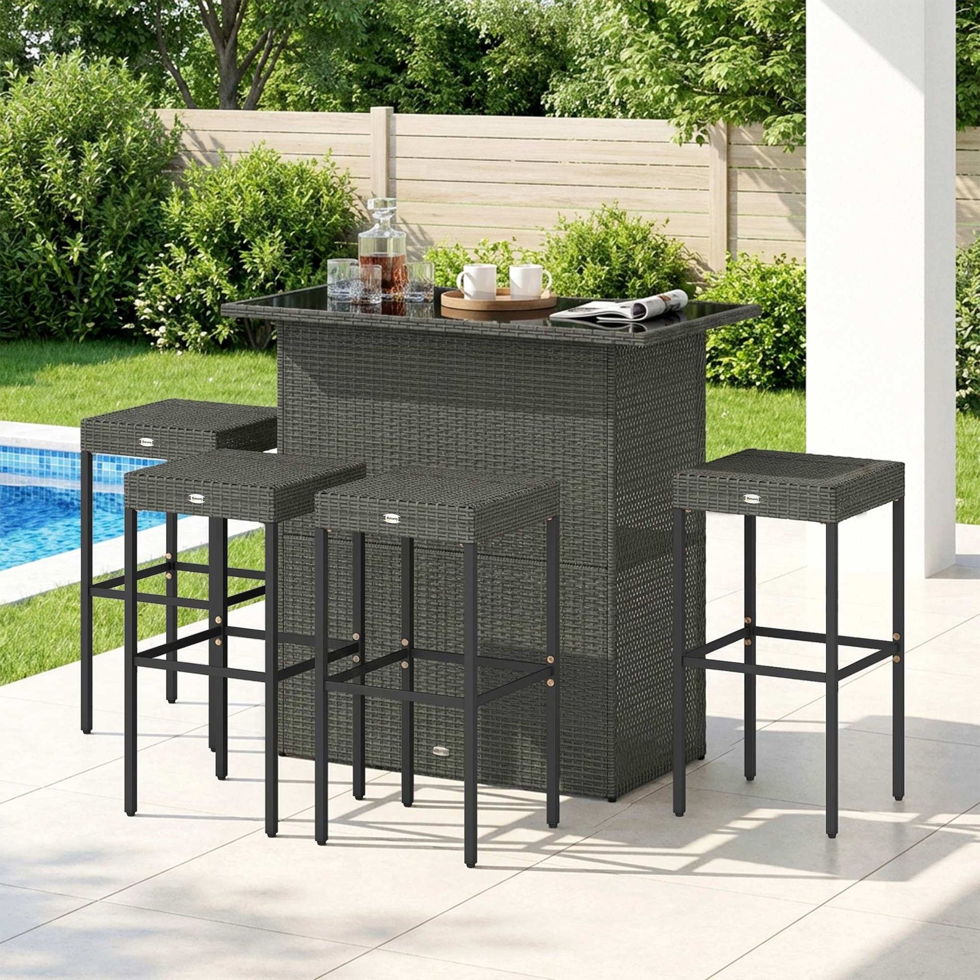 Outsunny 5 Piece Rattan Wicker Bar Set, High Top Outdoor Table and Chairs, Bar Height Patio Set, 2 Shelves & 4 Bar Stools, Gray