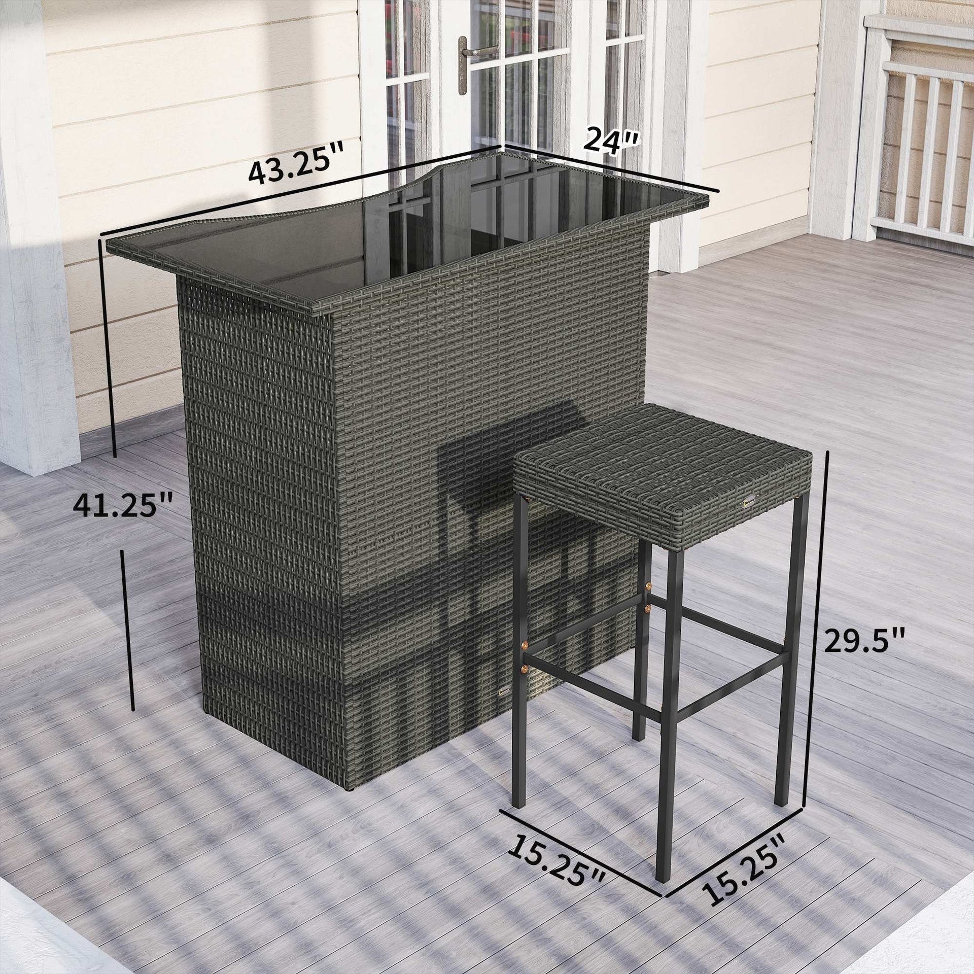 Outsunny 5 Piece Rattan Wicker Bar Set, High Top Outdoor Table and Chairs, Bar Height Patio Set, 2 Shelves & 4 Bar Stools, Gray
