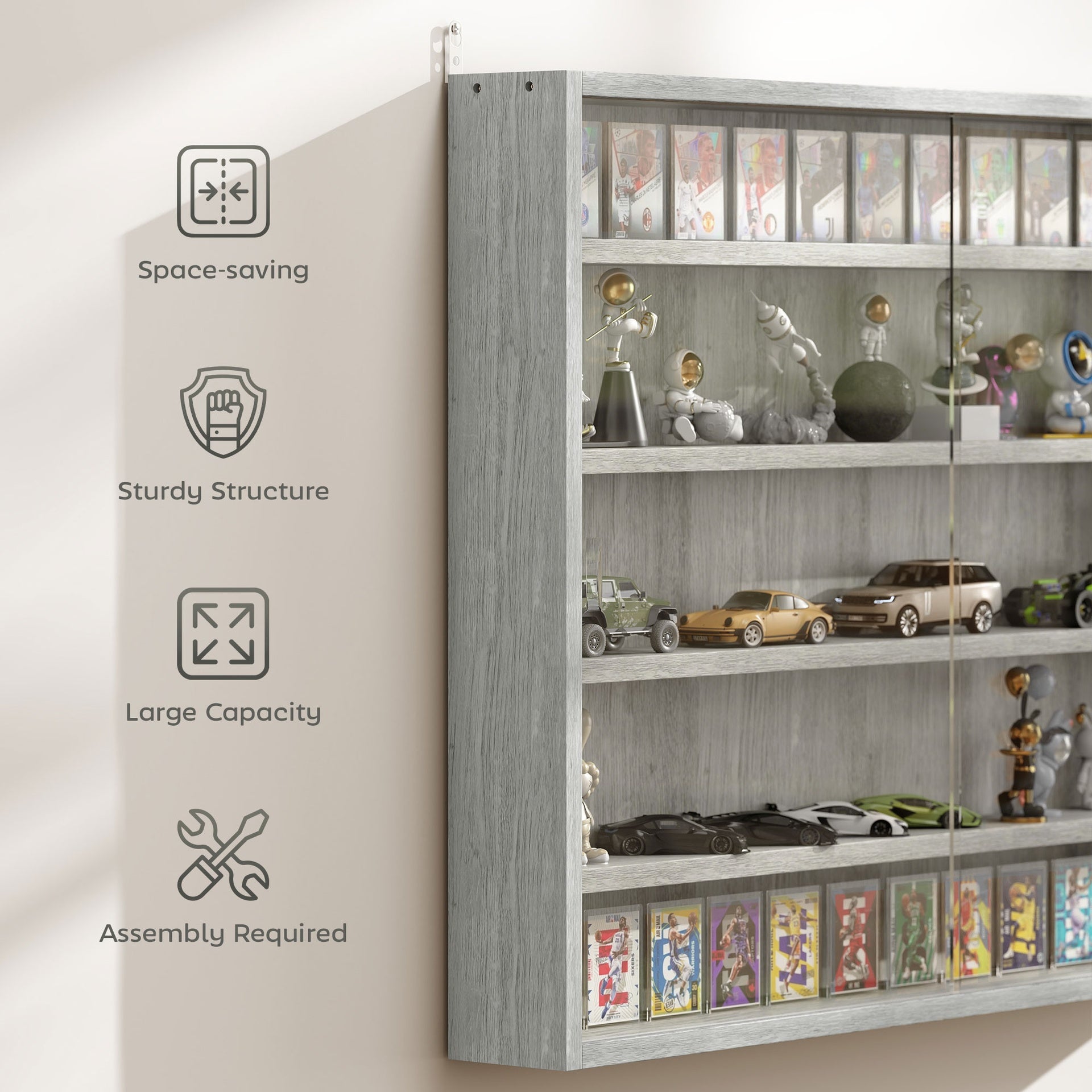 HOMCOM 5-Tier Display Cabinet, Wall-Mounted Display Case with 2 Glass Doors and Adjustable Shelves, Gray