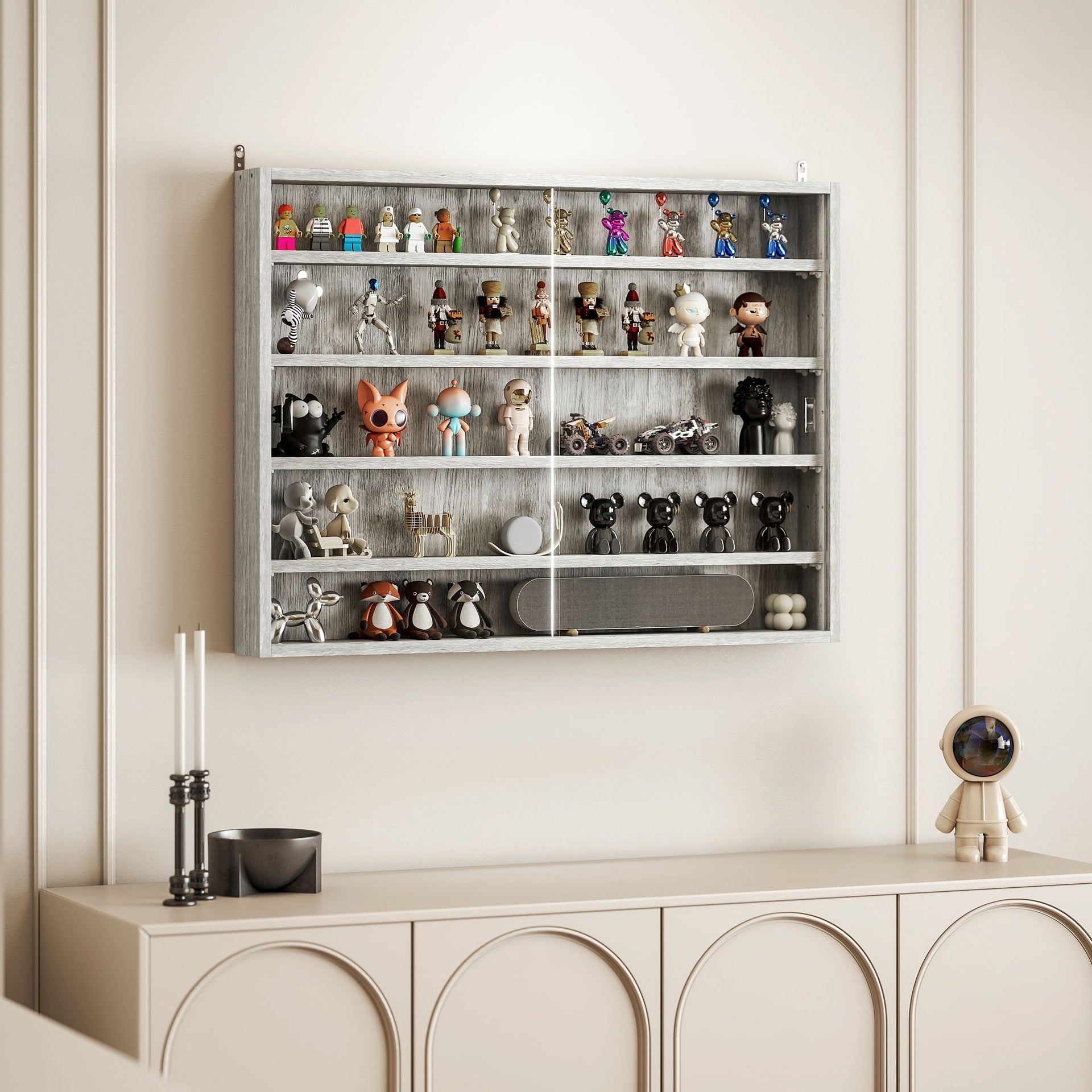 HOMCOM 5-Tier Display Cabinet, Wall-Mounted Display Case with 2 Glass Doors and Adjustable Shelves, Gray