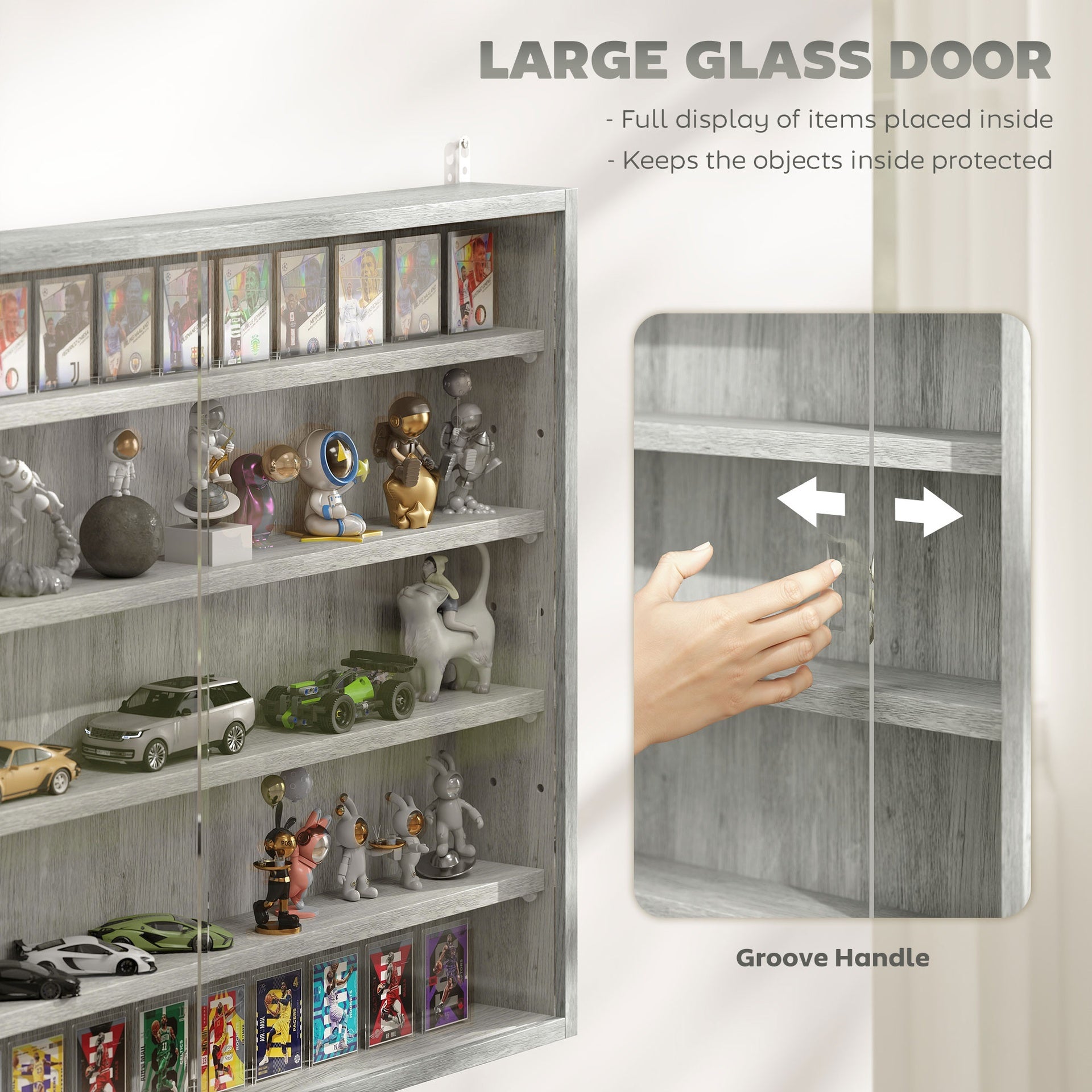 HOMCOM 5-Tier Display Cabinet, Wall-Mounted Display Case with 2 Glass Doors and Adjustable Shelves, Gray