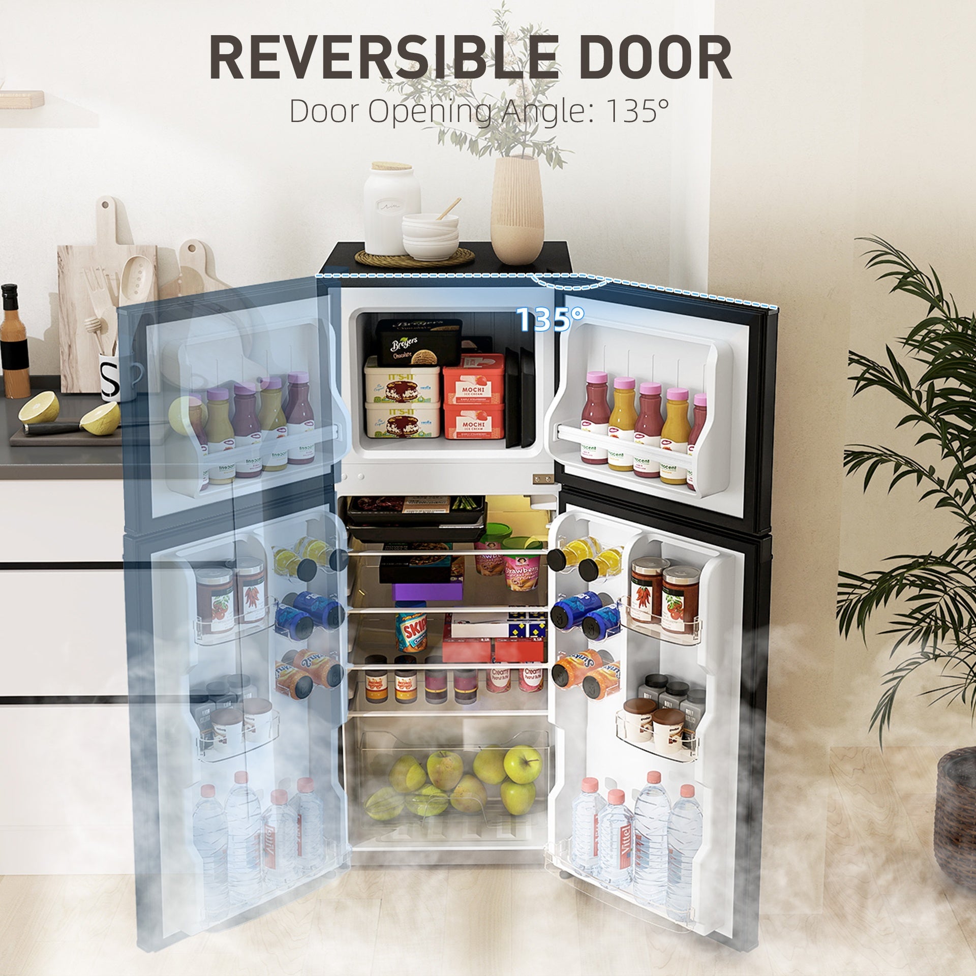 HOMCOM Small Fridge with Freezer, 4 Cu Ft Refrigerator with Reversible Doors, Black