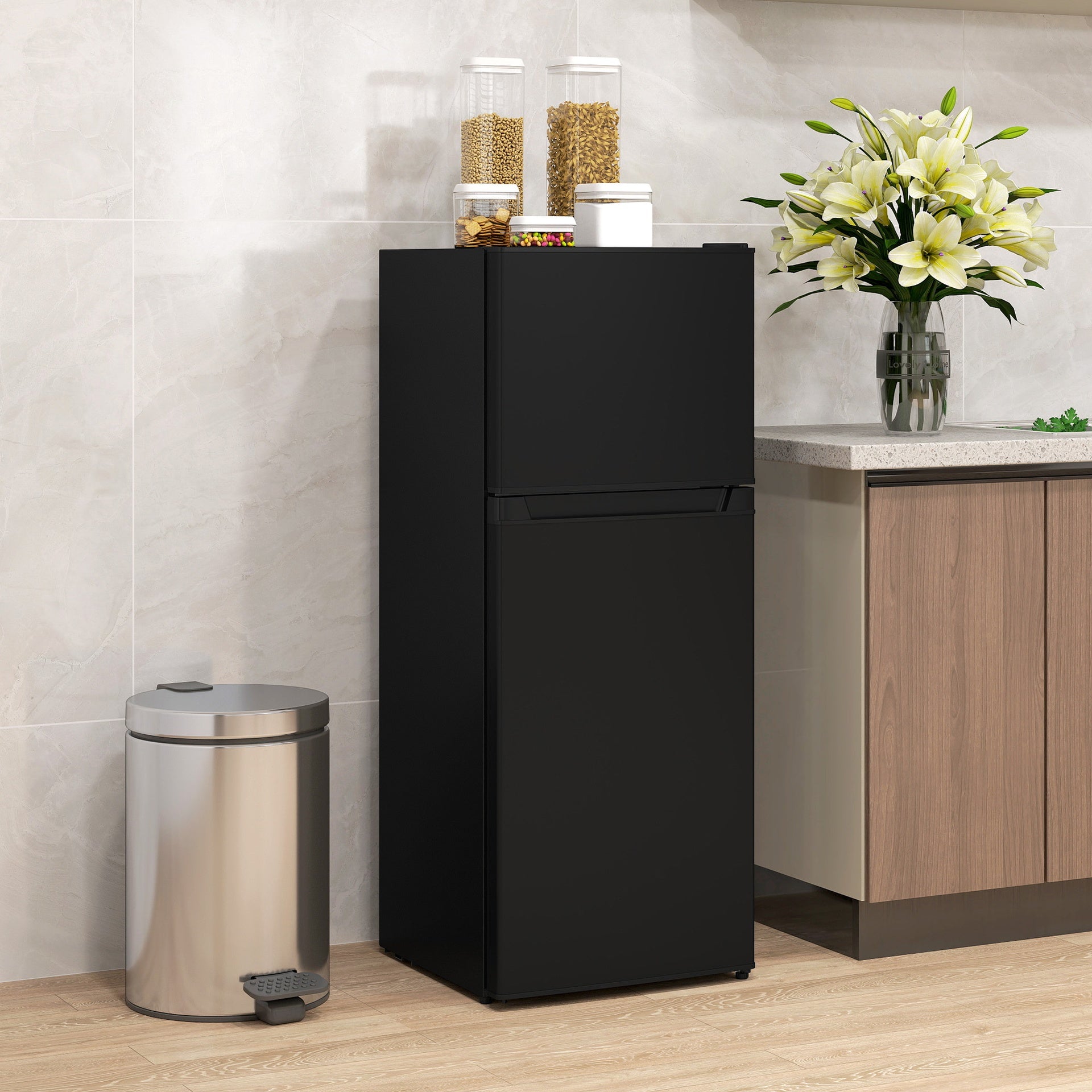 HOMCOM Small Fridge with Freezer, 4 Cu Ft Refrigerator with Reversible Doors, Black