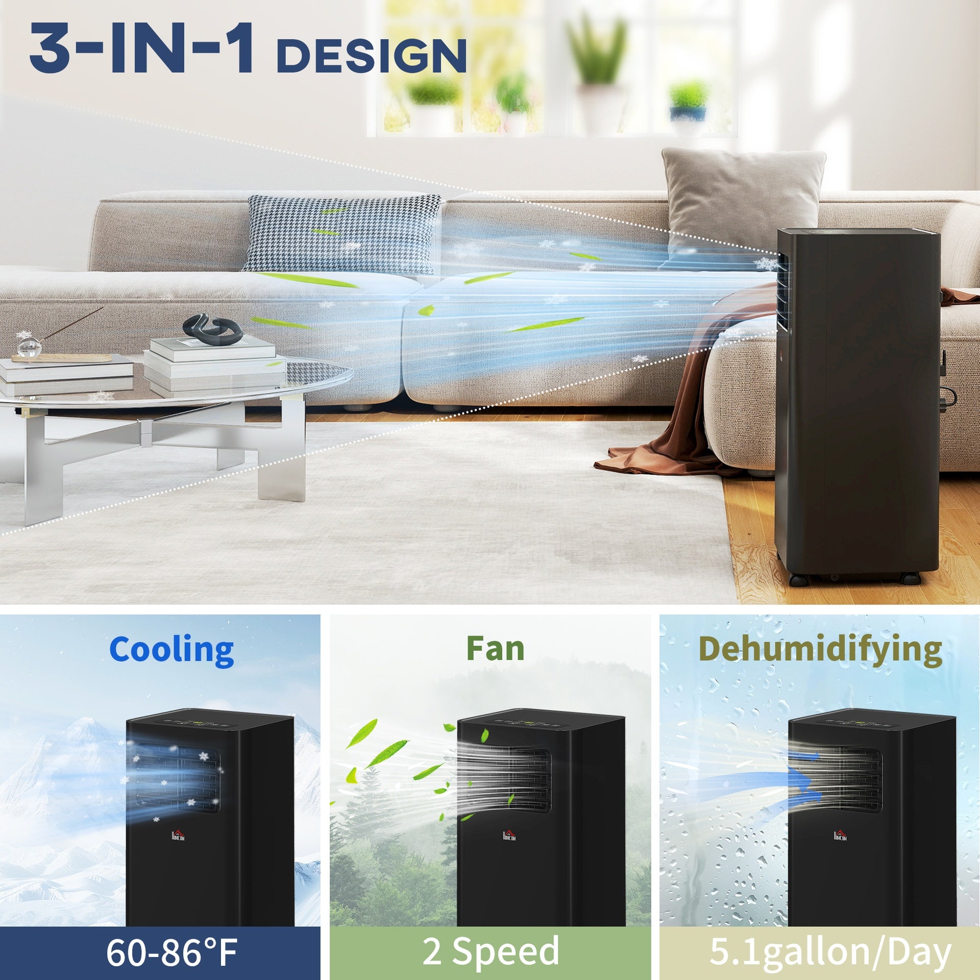 HOMCOM 10000 BTU Mobile Air Conditioner, 441 Sq. Ft., AC Unit with Dehumidifier, Sleep, 24H Timer On/Off, Window Kit, Black
