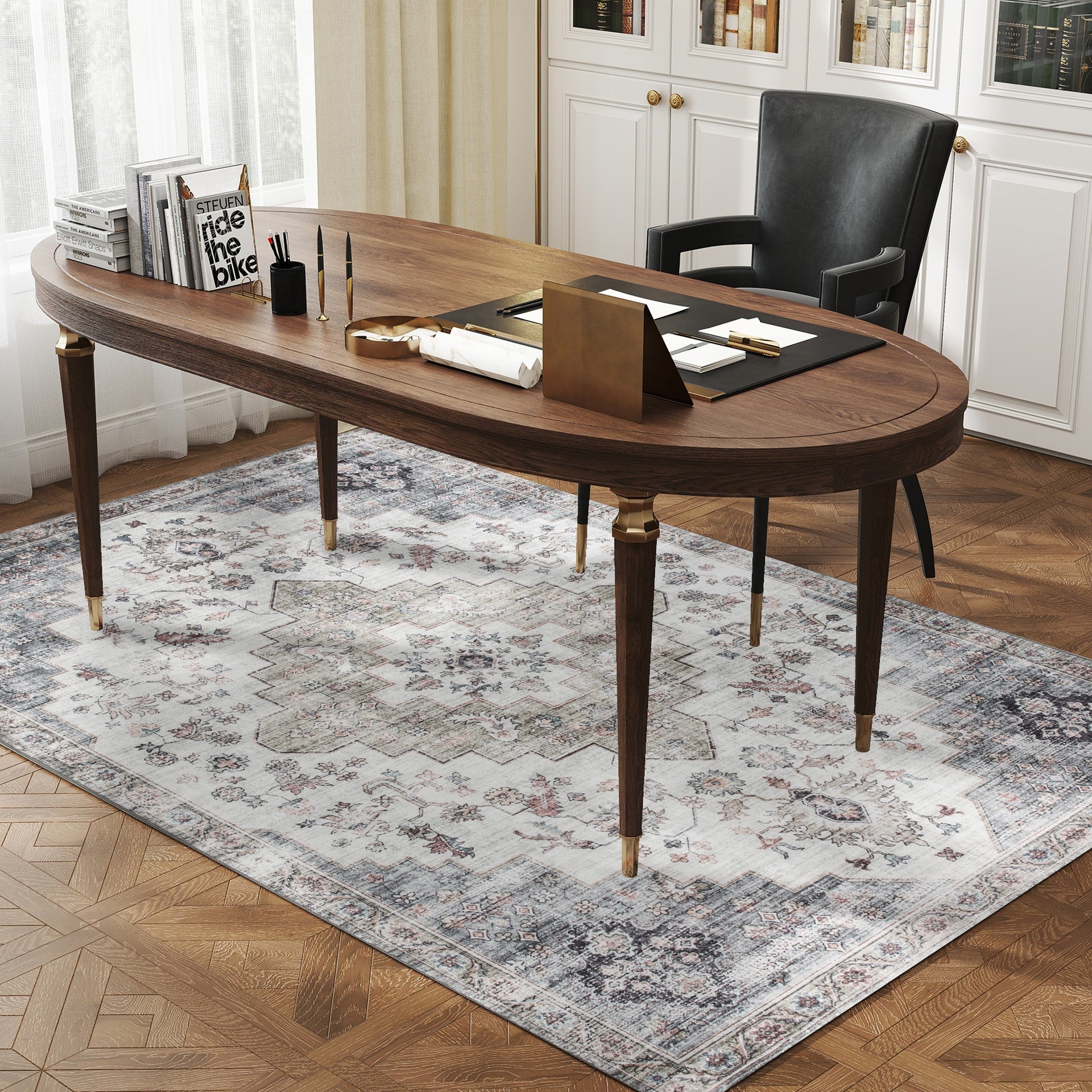 HOMCOM 4x6 Area Rug, Vintage Machine Washable Rug, Non-Slip Carpet for Living Room, Bedroom, Dining Room, Brown and Green