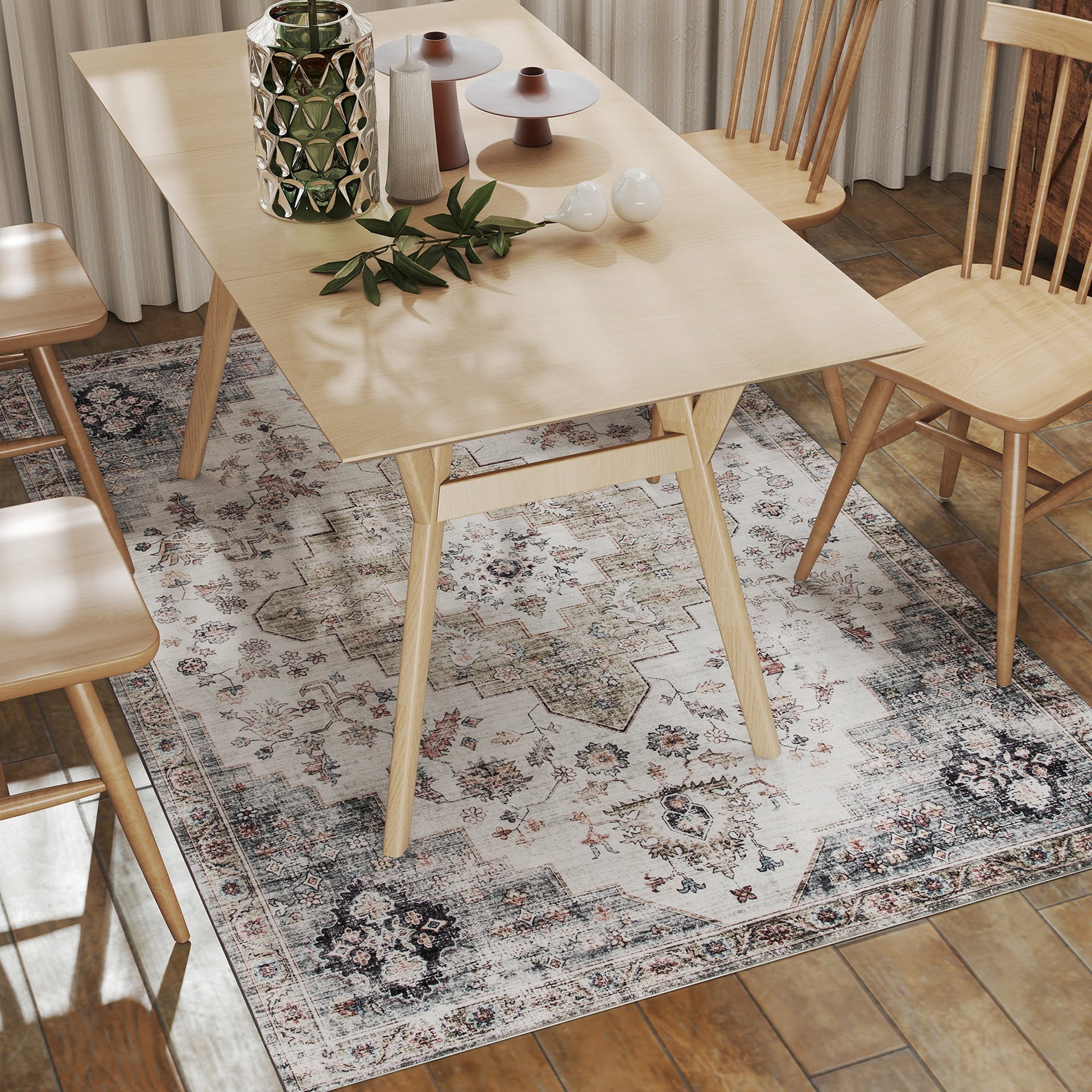 HOMCOM 4x6 Area Rug, Vintage Machine Washable Rug, Non-Slip Carpet for Living Room, Bedroom, Dining Room, Brown and Green