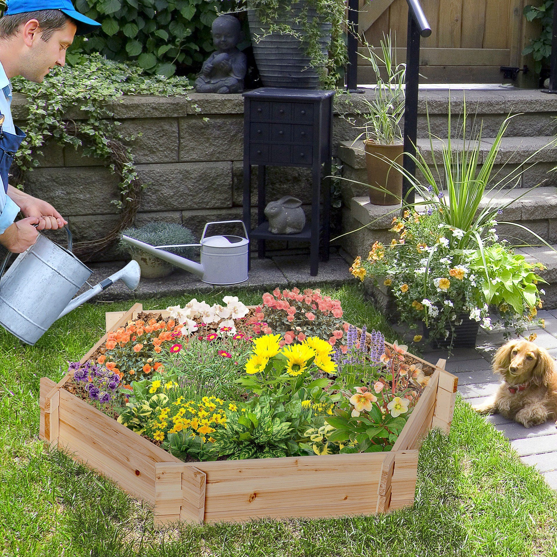 Outsunny 39'' x 36'' Screwless Raised Garden Bed, Hexagon Planter Box DIY Herb Garden