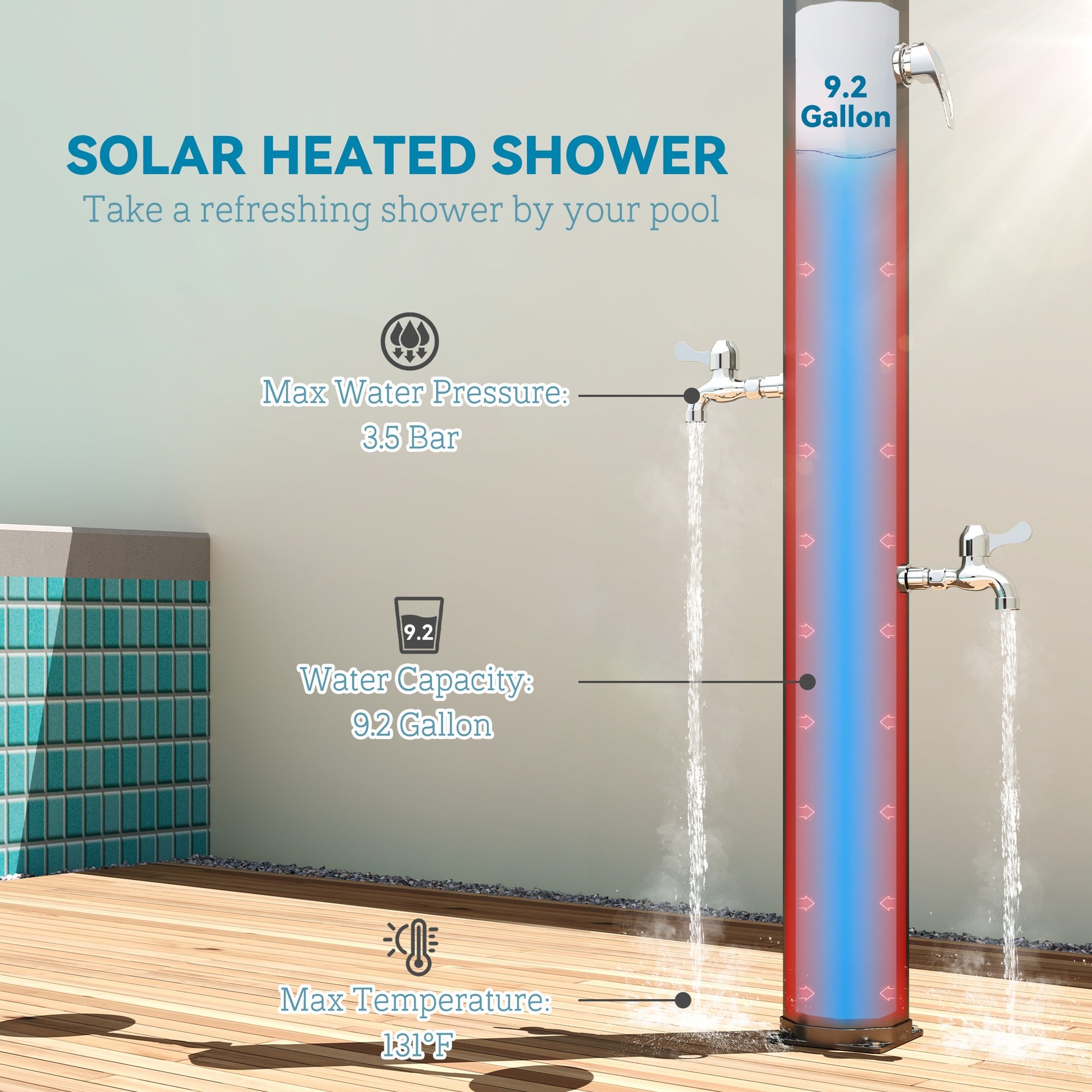 Outsunny 9.2 Gallon Slolar Heated Outdoor Shower with 2 Free-Rotating Shower Heads and Foot Showers for Poolside Beach Spa, 7.1ft