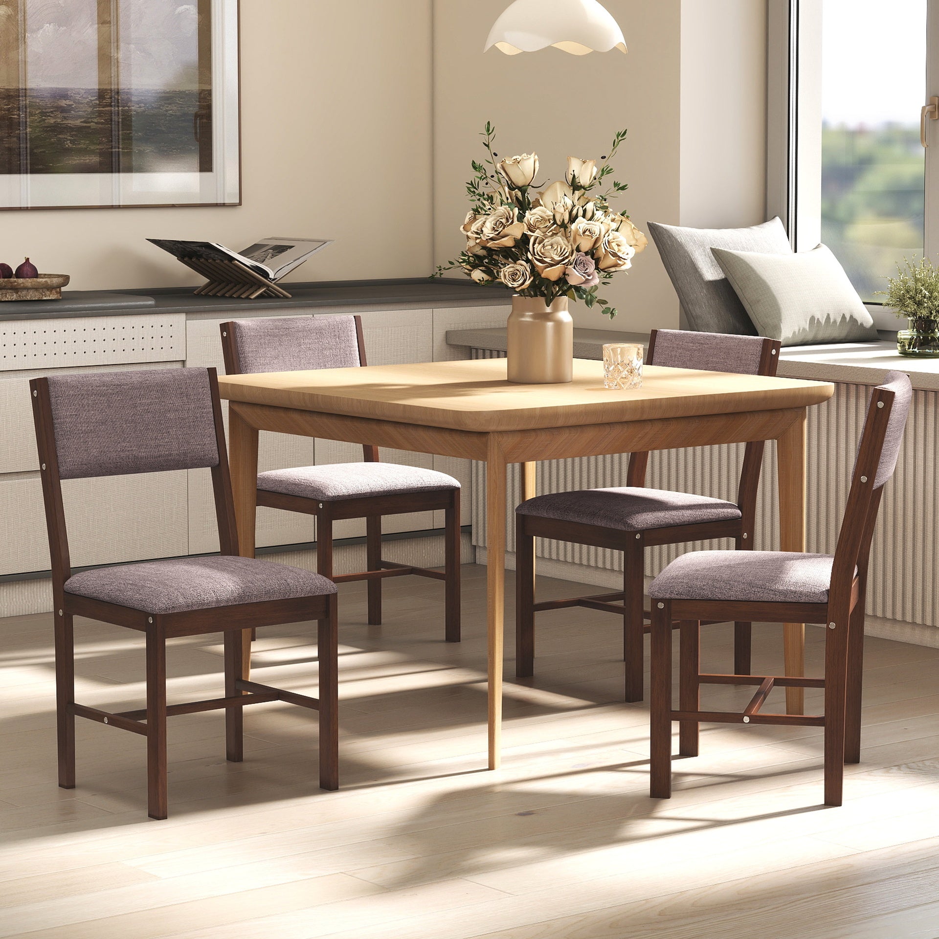 HOMCOM Modern Dining Chairs Set of 4, Linen Fabric Kitchen Chairs with Rubberwood Legs for Dining Room, Living Room, Brown