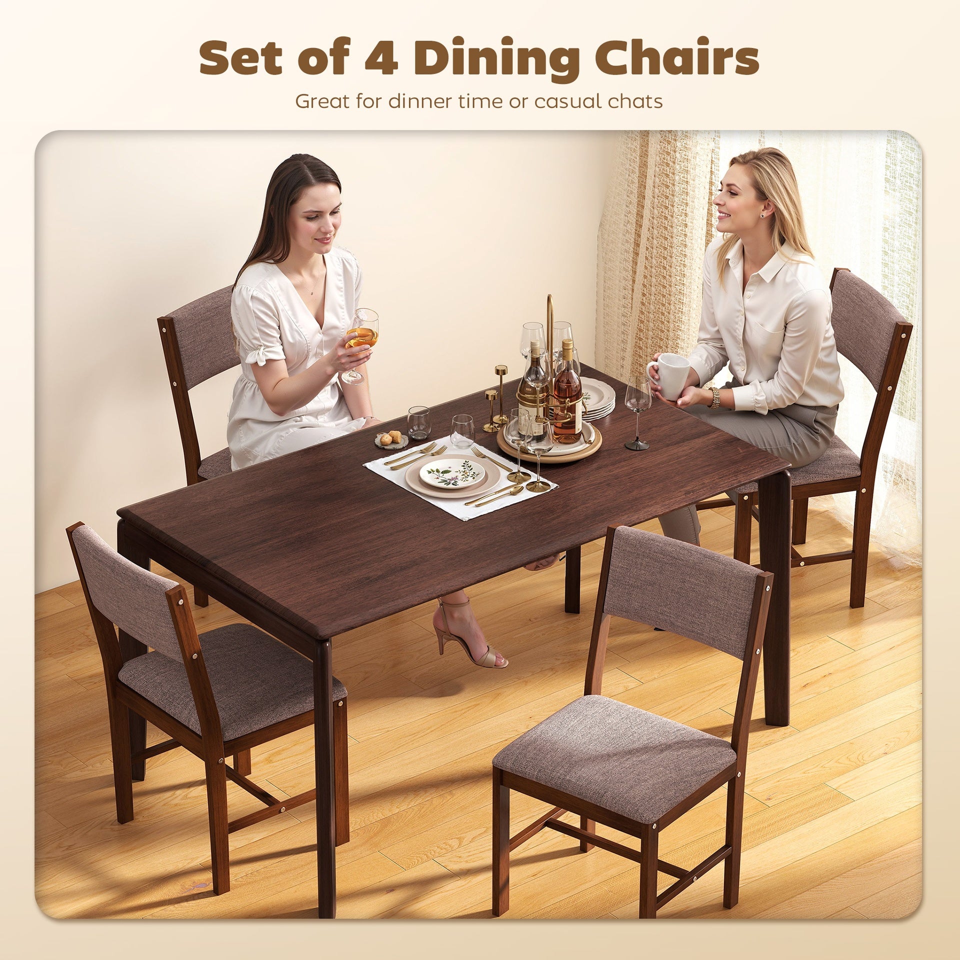 HOMCOM Modern Dining Chairs Set of 4, Linen Fabric Kitchen Chairs with Rubberwood Legs for Dining Room, Living Room, Brown