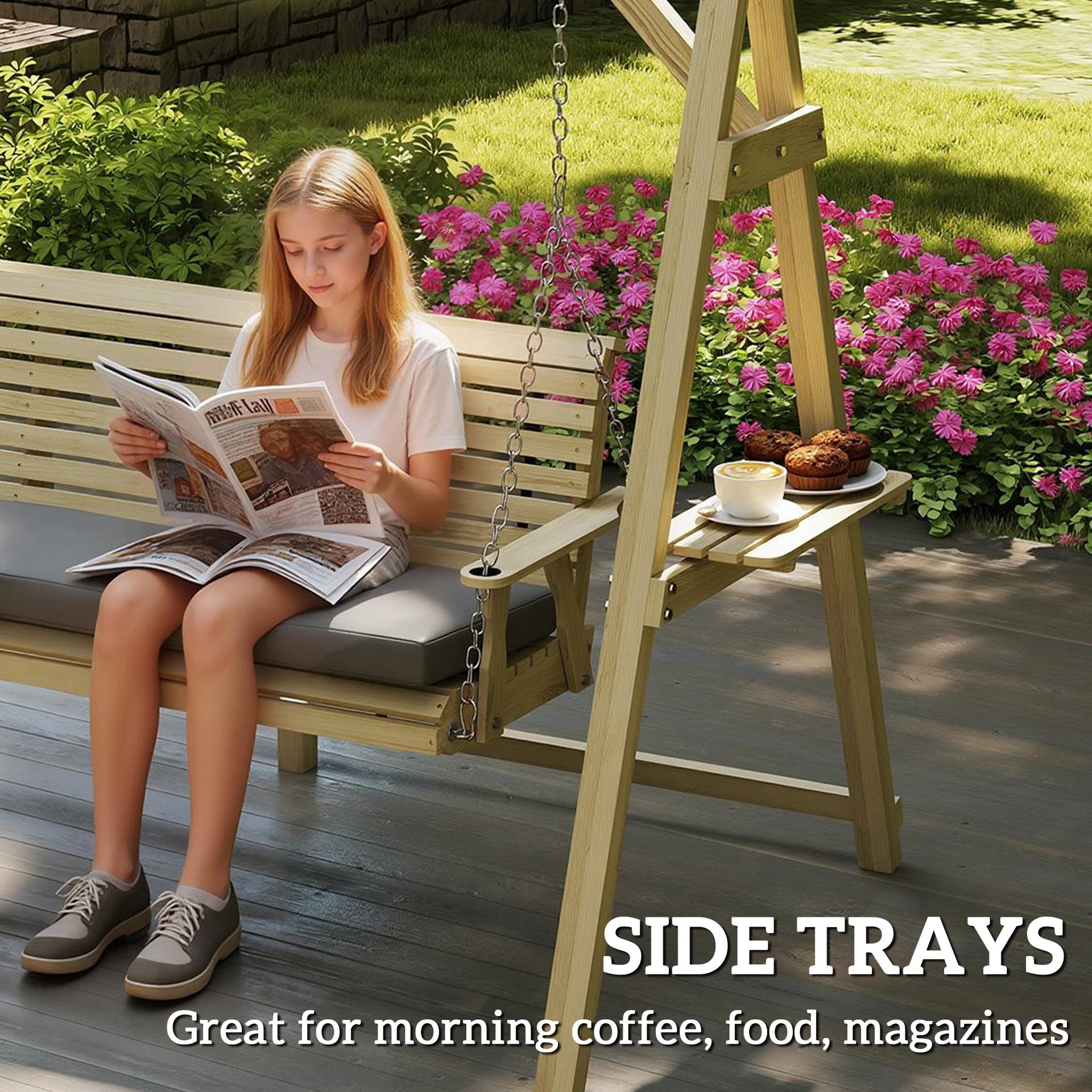 Outsunny 3 Seat Wooden Porch Swing with Stand, Patio Swing with Cushion, for Garden, Poolside, Backyard, Natural Wood