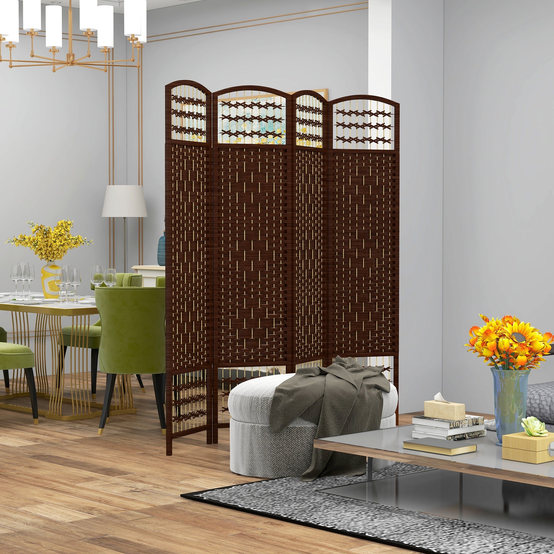 HOMCOM 4 Panel Folding Room Divider Portable Privacy Screen Wave Fiber Room Partition for Home Office Brown
