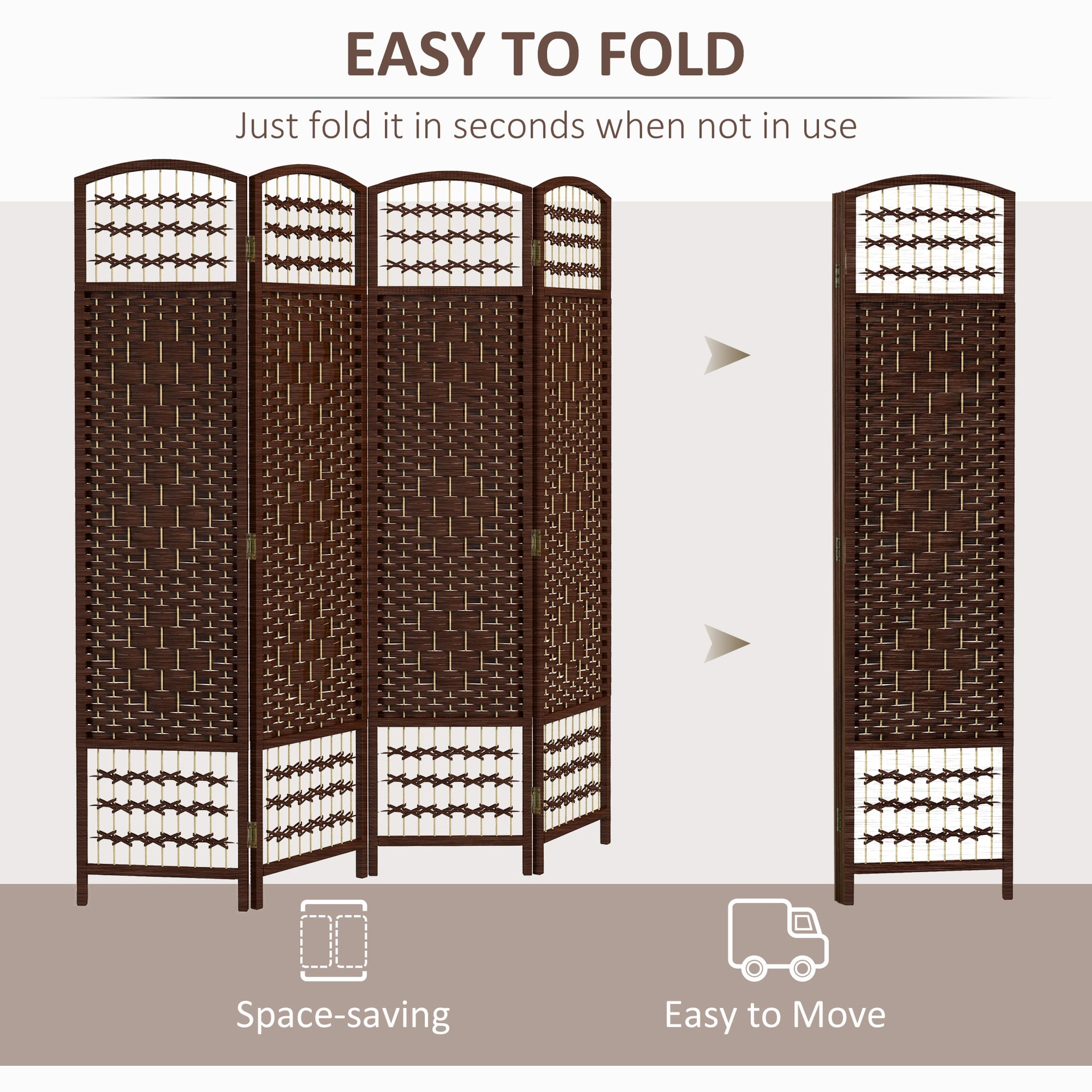 HOMCOM 4 Panel Folding Room Divider Portable Privacy Screen Wave Fiber Room Partition for Home Office Brown