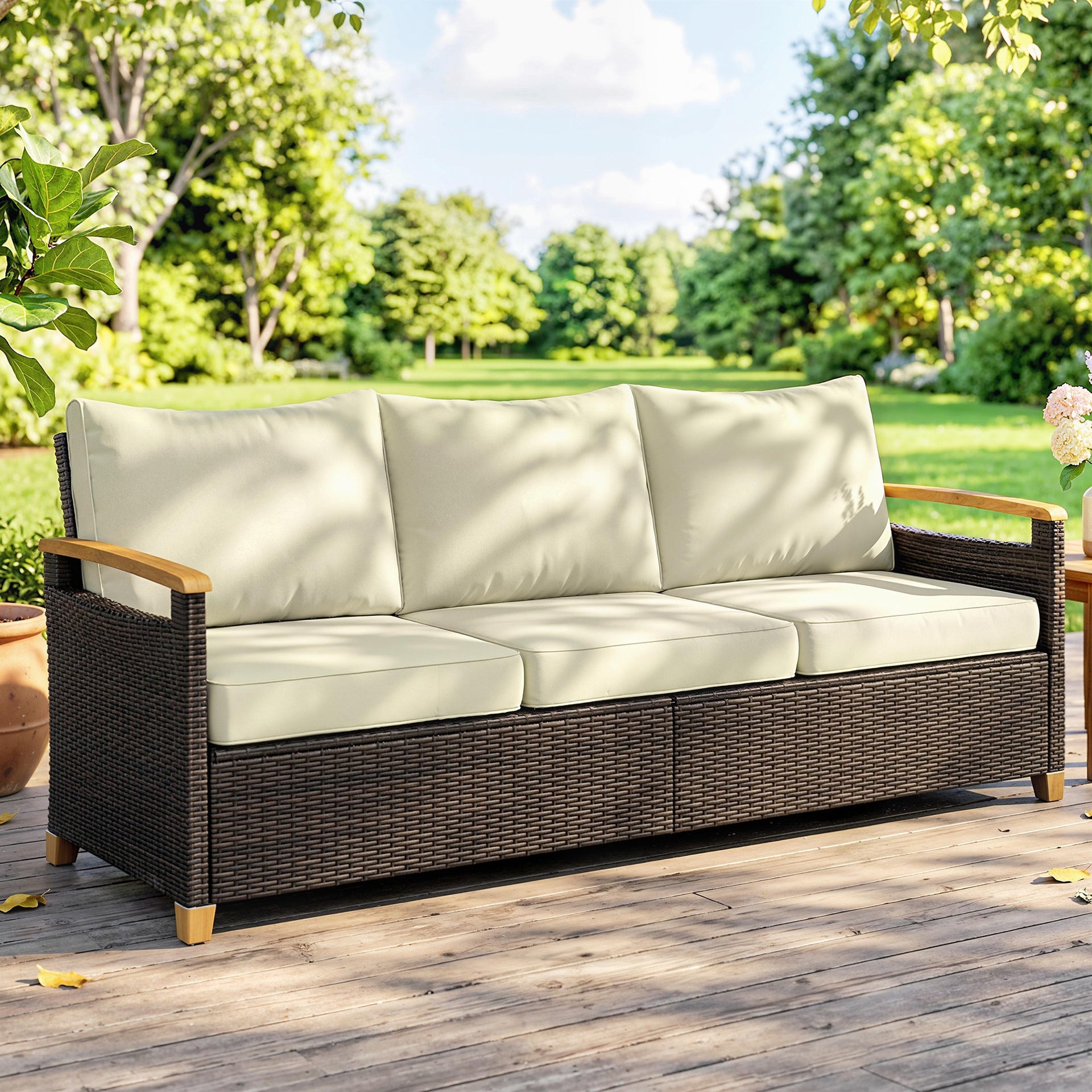 Outsunny 3 Seater Outdoor Couch Sofa, PE Wicker Patio Sofa, Wide Deep Seat, 4" Cushions, Wood-Effect Armrests Legs, Beige