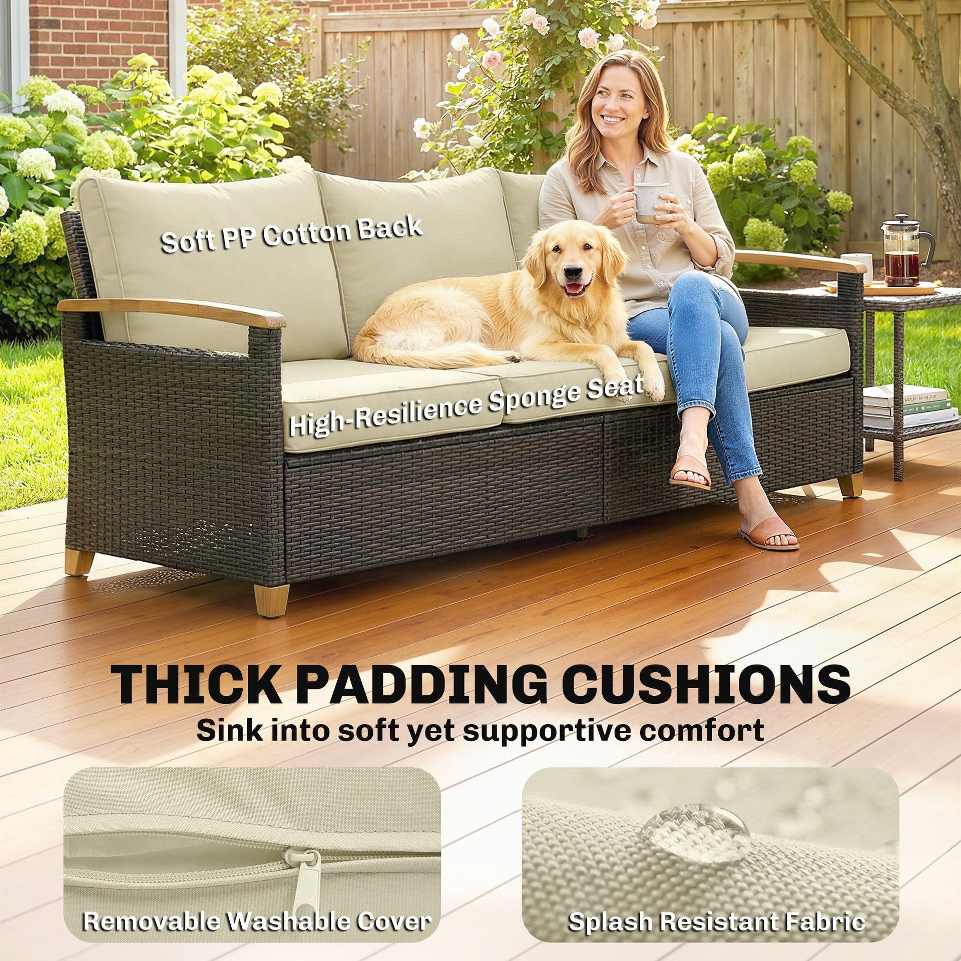 Outsunny 3 Seater Outdoor Couch Sofa, PE Wicker Patio Sofa, Wide Deep Seat, 4" Cushions, Wood-Effect Armrests Legs, Beige