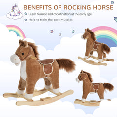 Qaba Rocking Horse Plush Animal on Wooden Rockers, Baby Rocking Chair with Sounds, Moving Mouth, Wagging Tail, Brown