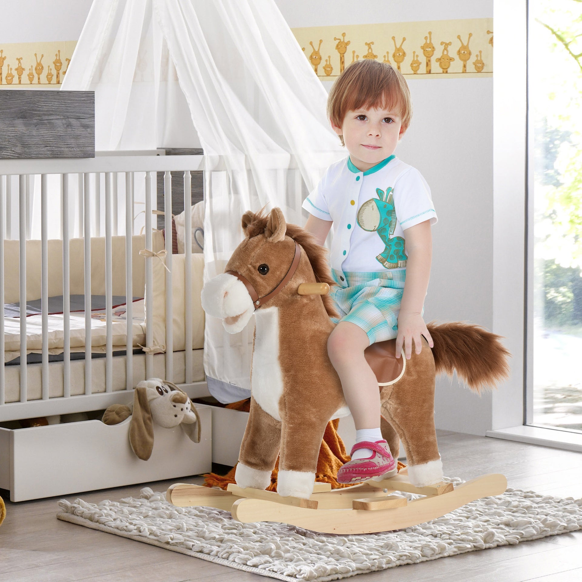Qaba Rocking Horse Plush Animal on Wooden Rockers, Baby Rocking Chair with Sounds, Moving Mouth, Wagging Tail, Brown