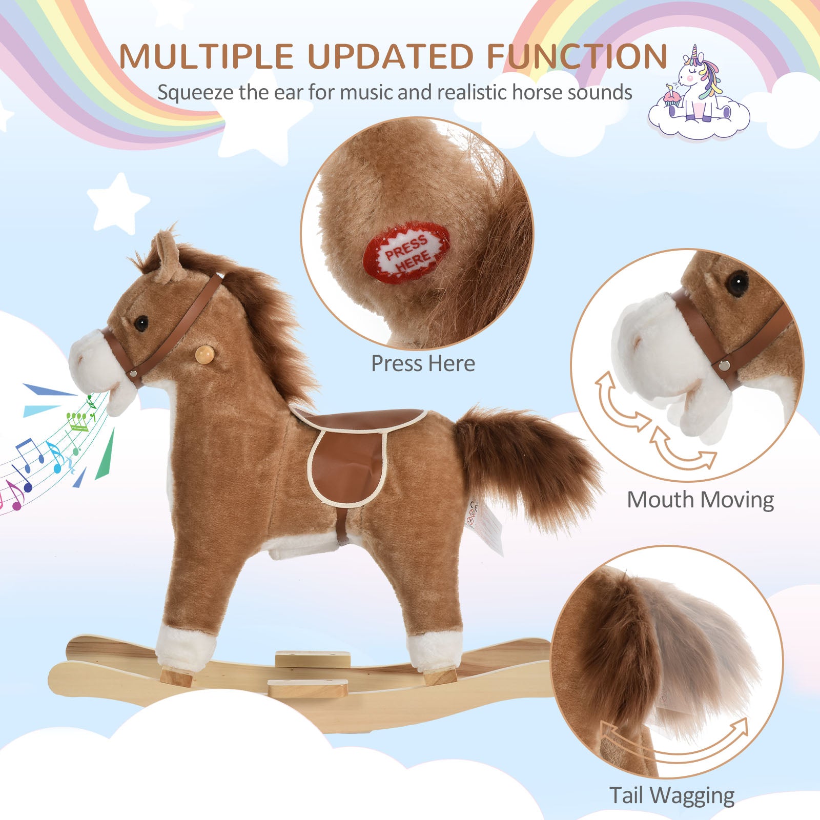 Qaba Rocking Horse Plush Animal on Wooden Rockers, Baby Rocking Chair with Sounds, Moving Mouth, Wagging Tail, Brown