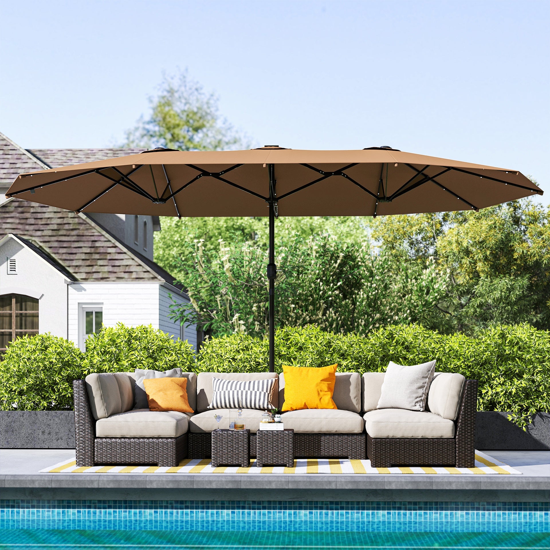 Outsunny Garden Parasol 14.4 ft. Double-Sided Sun Umbrella with Base, Patio Parasol with LED Solar Lights, Khaki