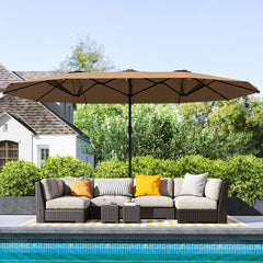 Outsunny Garden Parasol 14.4 ft. Double-Sided Sun Umbrella with Base, Patio Parasol with LED Solar Lights, Khaki
