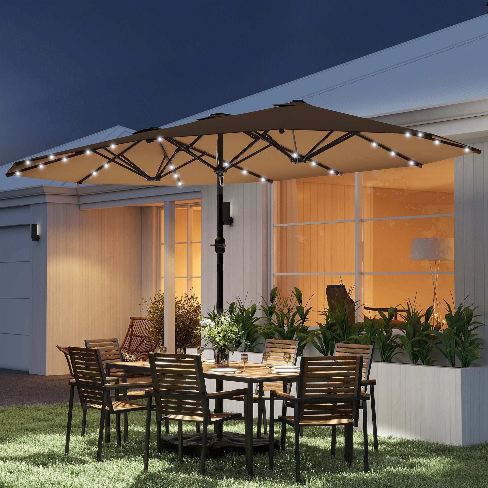 Outsunny Garden Parasol 14.4 ft. Double-Sided Sun Umbrella with Base, Patio Parasol with LED Solar Lights, Khaki