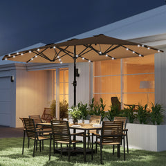 Outsunny Garden Parasol 14.4 ft. Double-Sided Sun Umbrella with Base, Patio Parasol with LED Solar Lights, Khaki