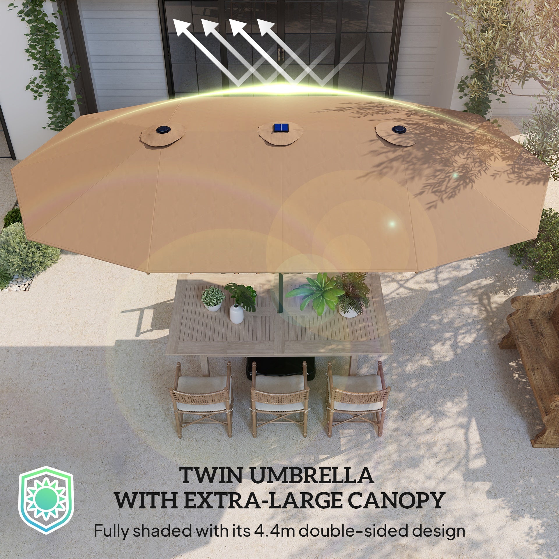 Outsunny Garden Parasol 14.4 ft. Double-Sided Sun Umbrella with Base, Patio Parasol with LED Solar Lights, Khaki