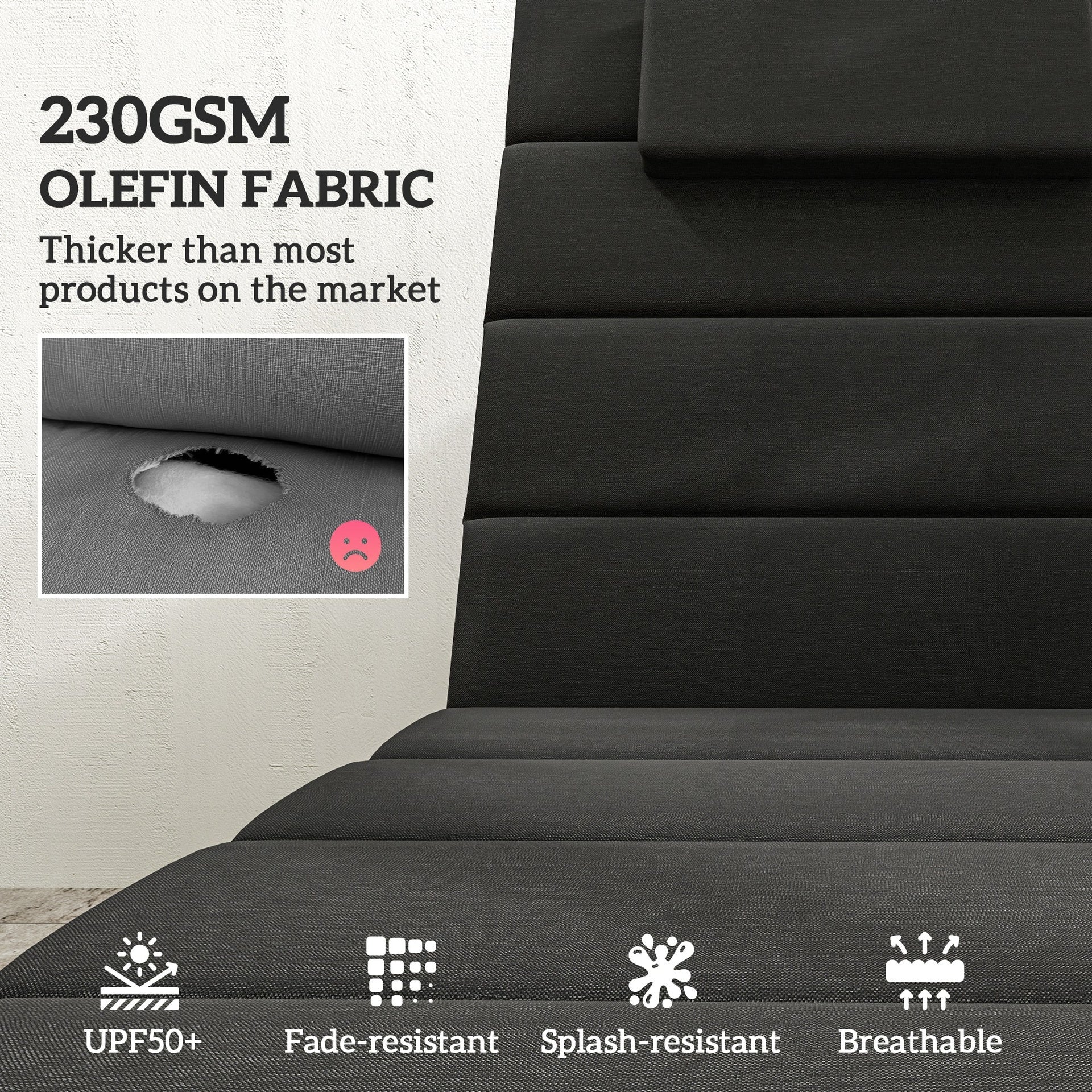 Outsunny Foldable Chaise Lounge Cushion Set of 2, Outdoor Lounge Chair Cushion Set, UPF50+ 230gsm Olefin, 80" x 26" Black