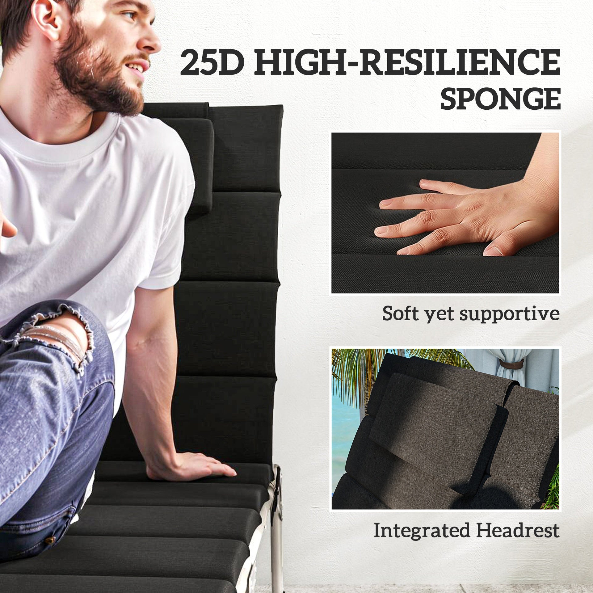 Outsunny Foldable Chaise Lounge Cushion Set of 2, Outdoor Lounge Chair Cushion Set, UPF50+ 230gsm Olefin, 80" x 26" Black