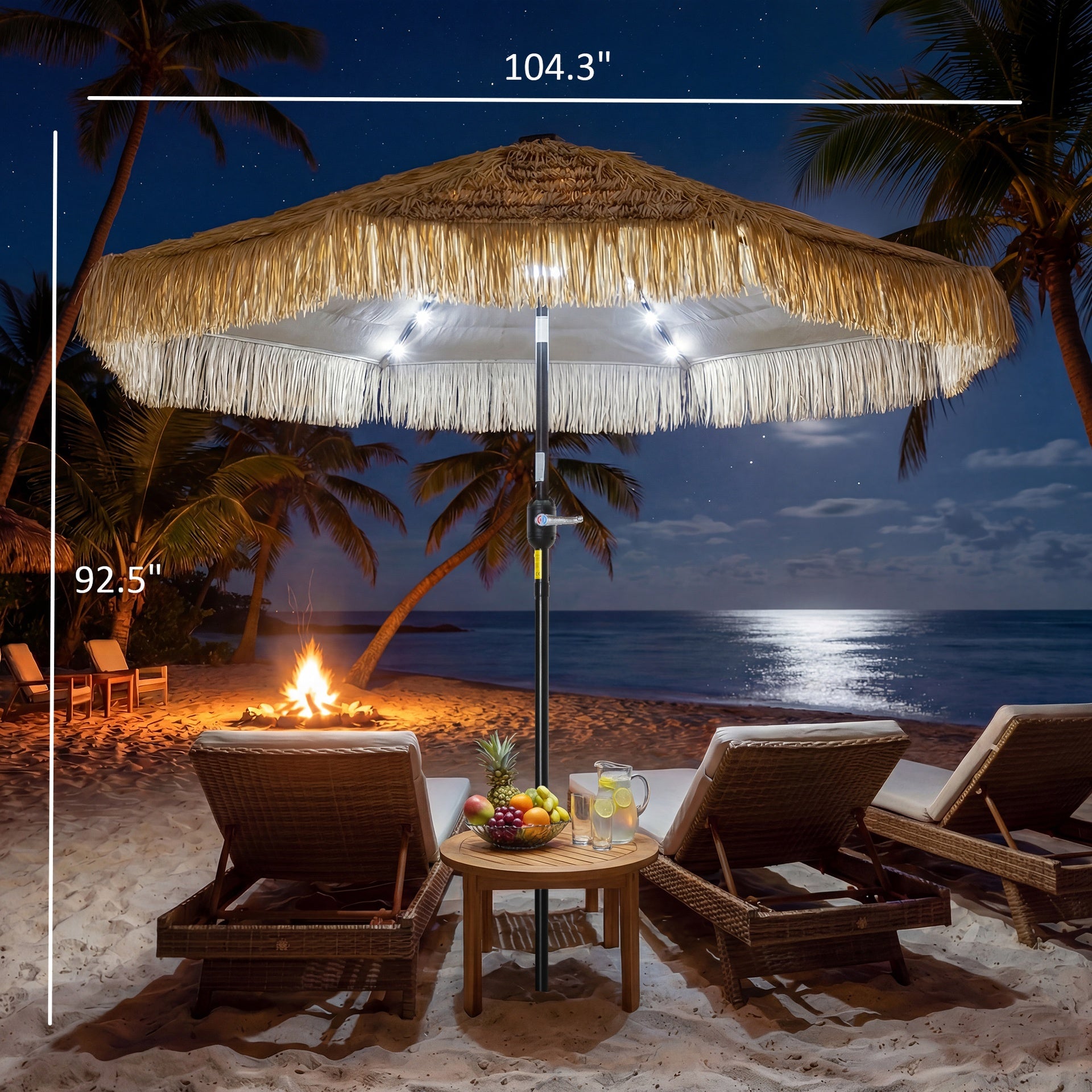 Outsunny 9 ft Hula Thatched Tiki Patio Umbrella with LED Solar Light, Outdoor Umbrella with Crank, Tilt, UPF30+, Khaki